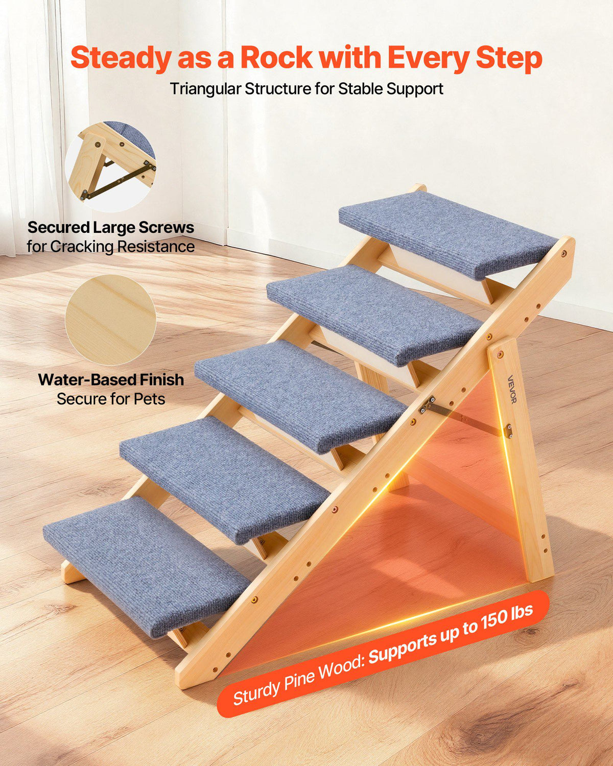 Wood Pet Stairs, 5-Step Dog Stairs for Beds, Sofa & Cars, 150lbs Load Capacity, Floded Flat Design, Stable & Sturdy Cat & Dog Step Ladder for Small Medium Large Older Pet Puppy Essentials