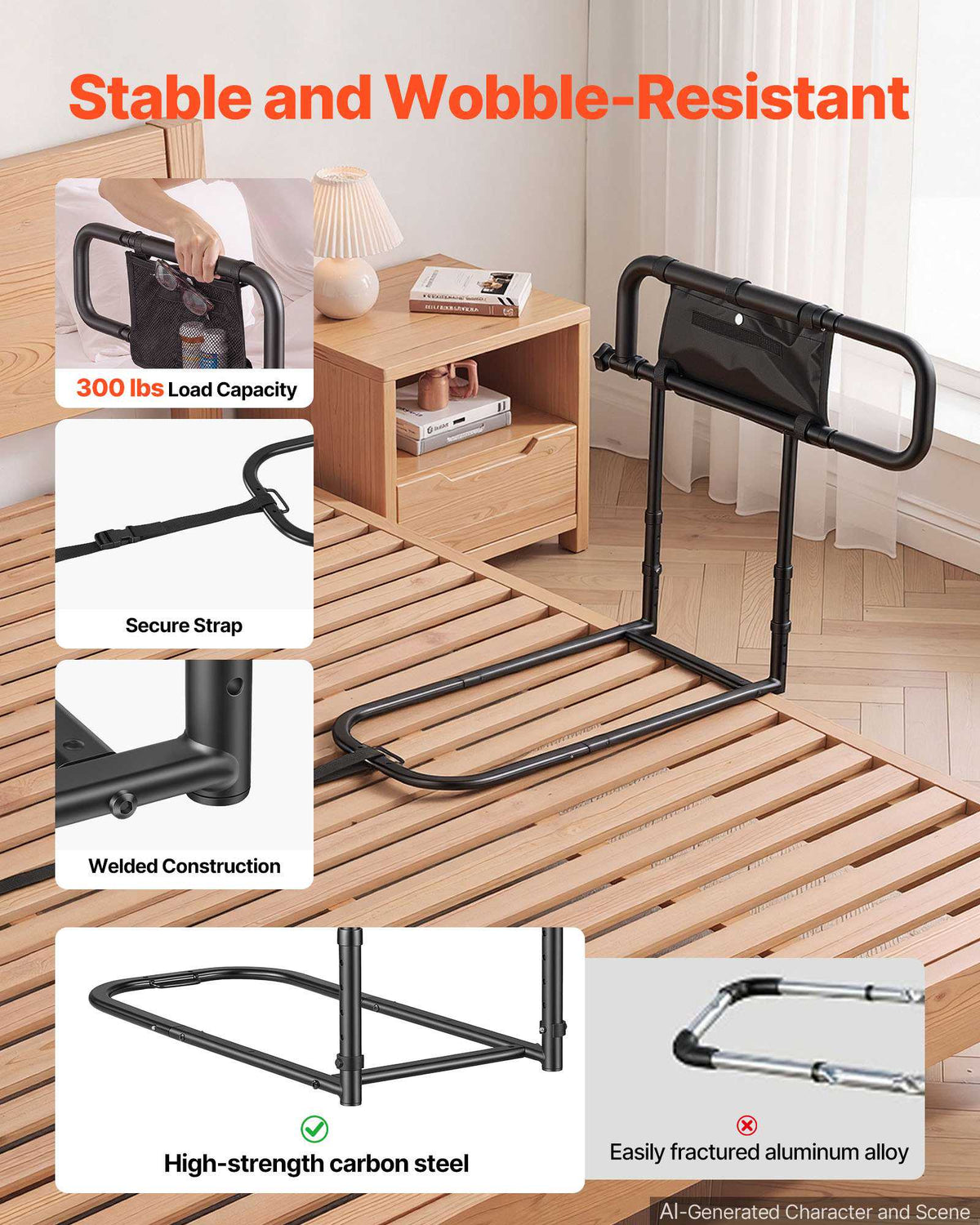 Bed Rails for Elderly Adults Folding Bed Side Assist Rail for Seniors, Length & Height Adjustable, High-Strength Steel Bed Cane with Storage Pocket, Fits King Queen Full Twin Bed, 300LBS Support