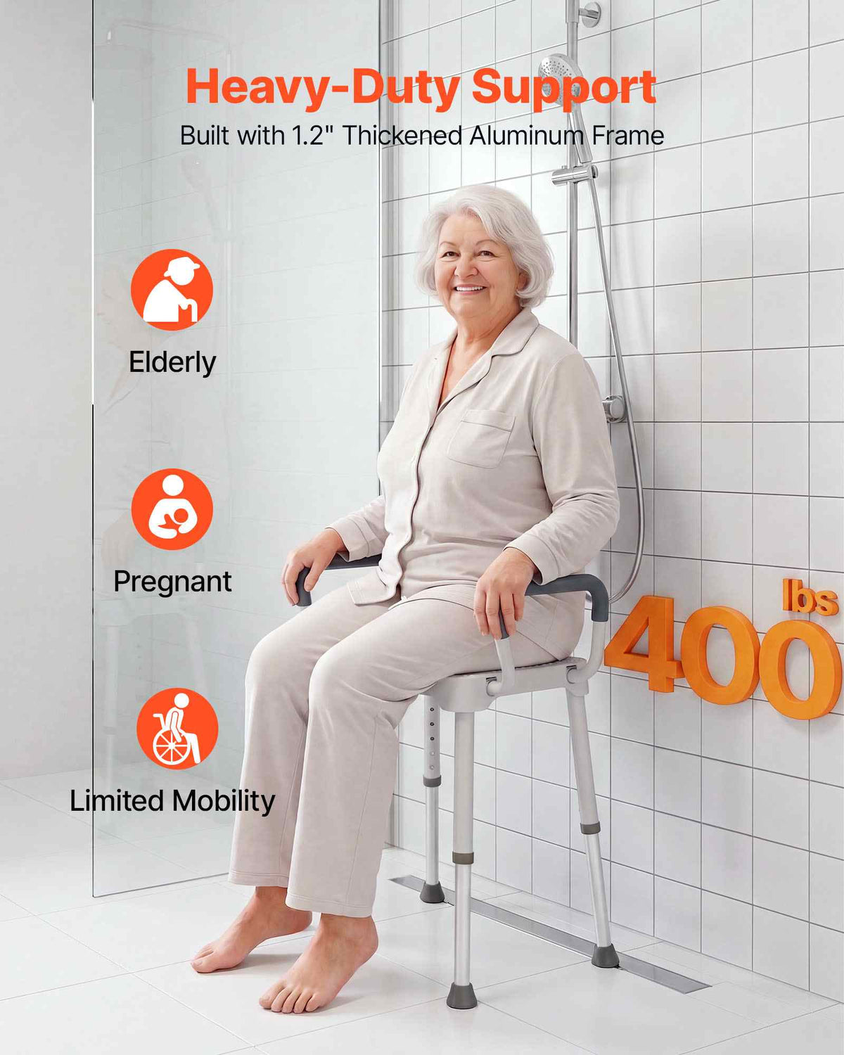 Shower Chair with Armrest, 6-Level Height Adjustable Bath Seat for Inside Shower or Tubs, Non-Slip Bathroom Bathtub Chair for Elderly Disabled Injured, 400LBS Capacity