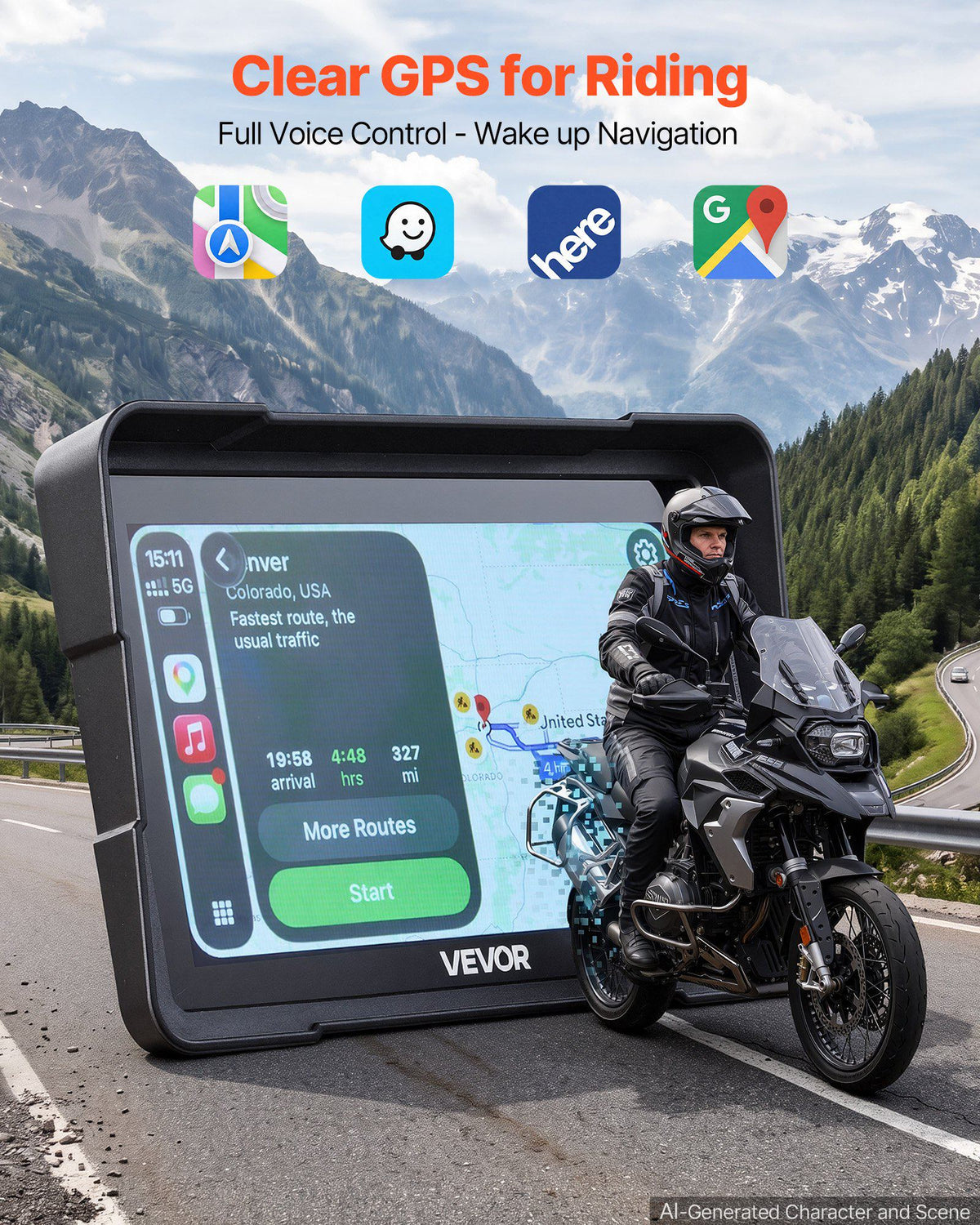 7 Inch Wireless Motorcycle Carplay with Apple Carplay & Android Auto, HD Touchscreen GPS Navigation System with Dual Cameras & Bluetooth, TPMS, Voice Control, 64GB Card - Fits All Motorcycles