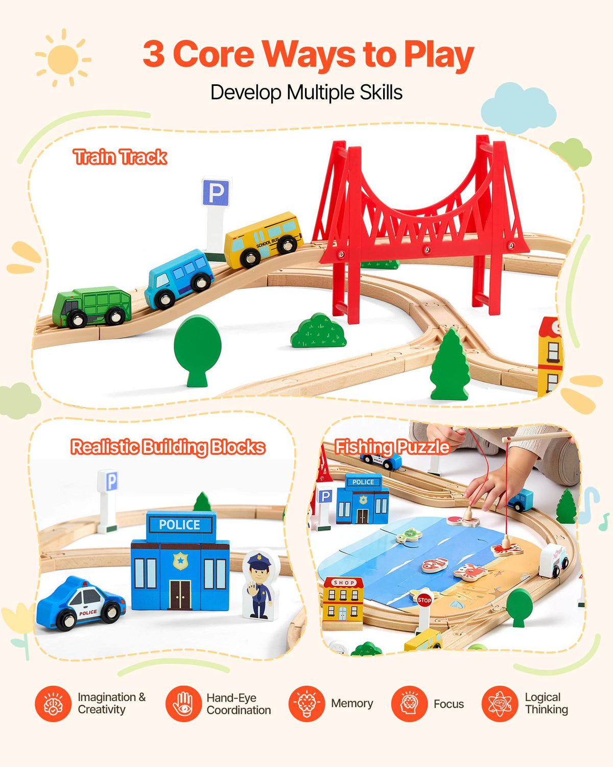 113PCS Wooden Train Set, for Kids Ages 3-8, Wood Train Track Toy with Storage Box, City Scene Railway Playset, Compatible with Major Brands, Christmas Birthday Toy for Toddlers Boys and Girls
