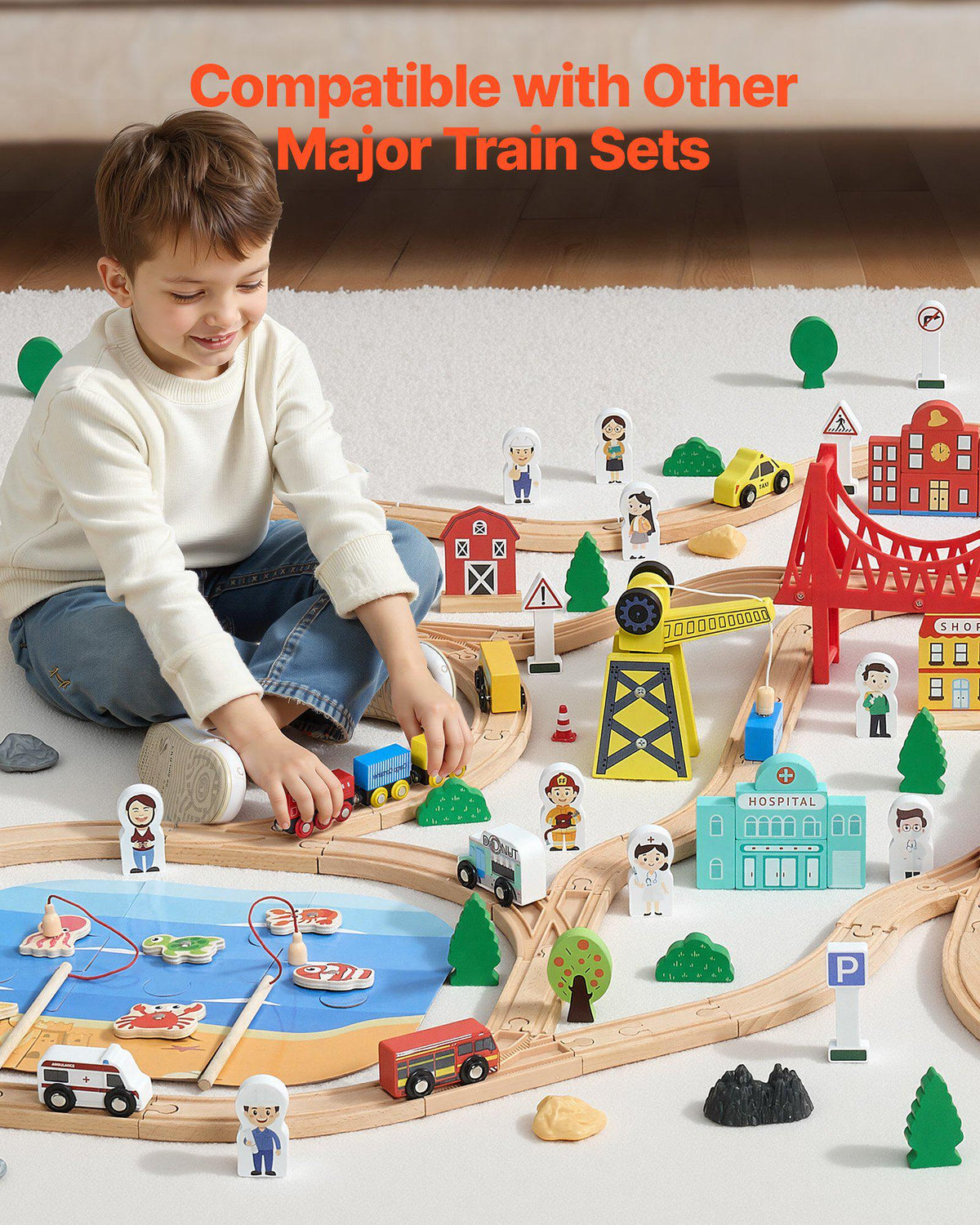 Wooden Train Set, 39PCS, Wood Train Track with Magnetic Trains and Railway Accessories, Compatible with Major Brands, Small Town, Christmas Birthday Toy for Kids Toddlers Ages 3-8 Boys and Girls