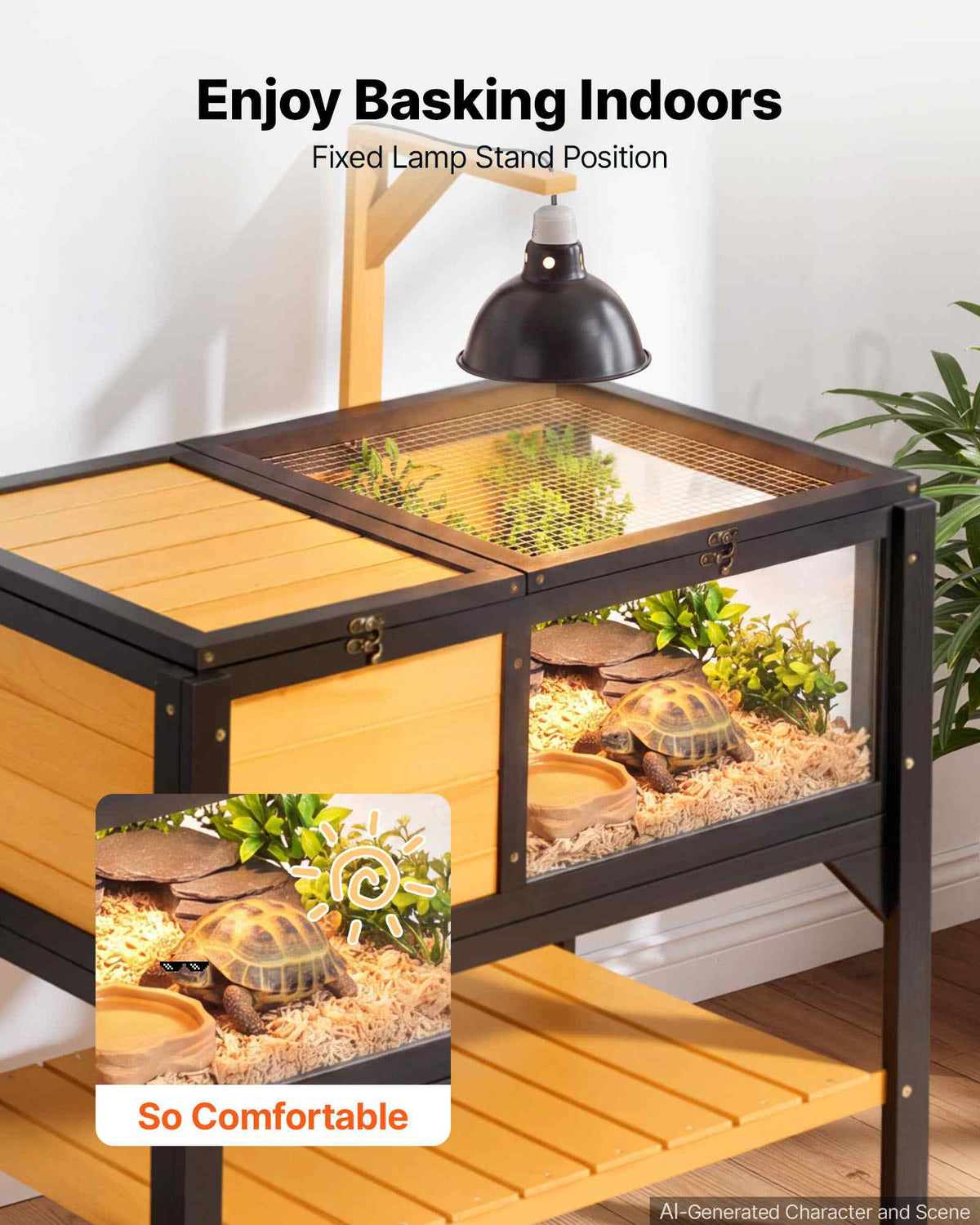Tortoise Habitat 2-Room Wooden Tortoise House with Storage Shelf, for Small Animals Indoor Outdoor, Lamp Stand, Large Turtle Enclosure Reptile Cage with Openable Roof, Acrylic Viewing Window