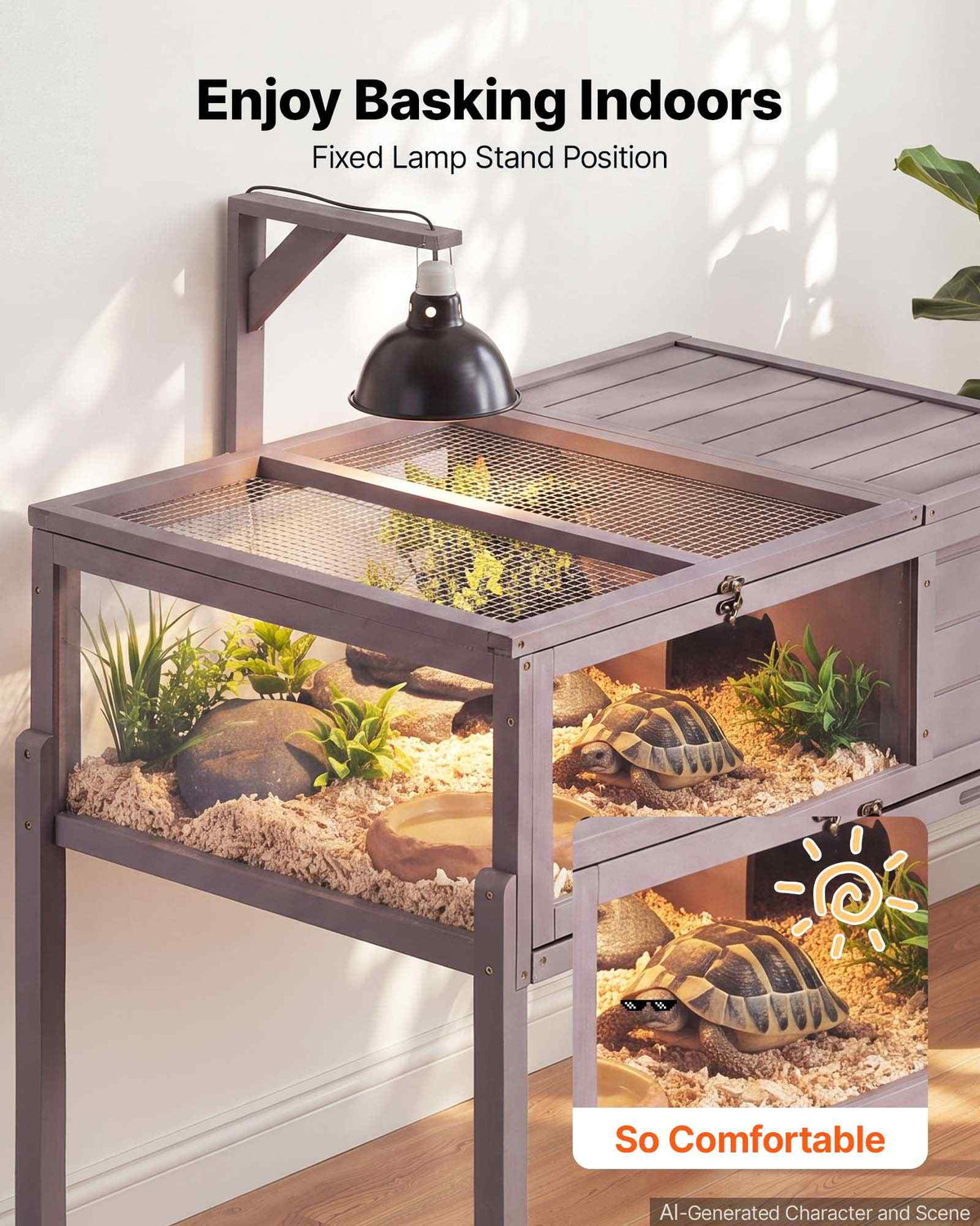 Tortoise Habitat 2-Room Wooden Tortoise House with Swivel Casters, for Small Animals Indoor Outdoor, Pull-Out Tray, Lamp Stand, Turtle Enclosure Reptile Cage with Openable Roof, Viewing Window