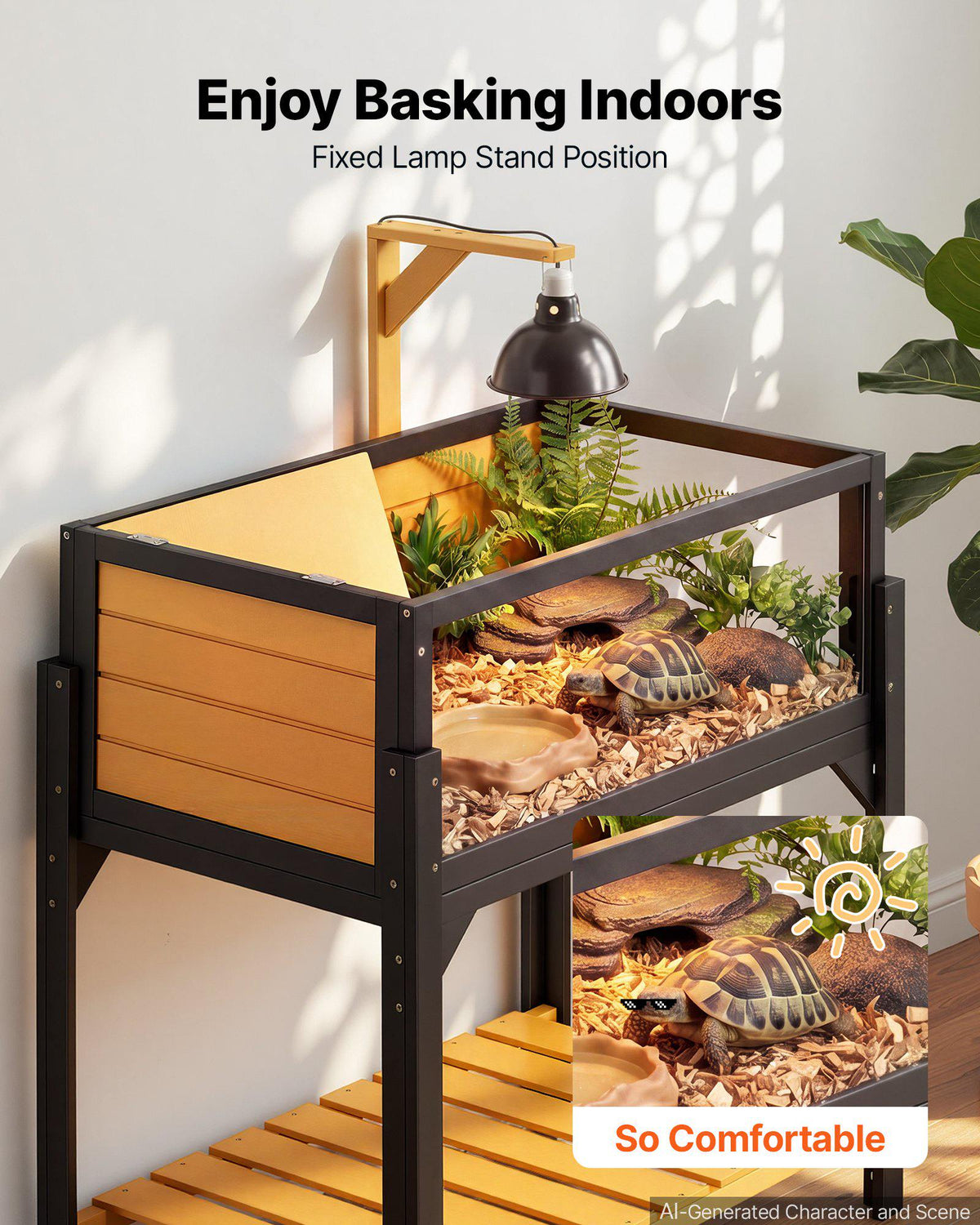 Tortoise Habitat 2-Room Wooden Tortoise House Built-in Lamp Stand, for Small Animals Indoor Outdoor, Storage Shelf, Large Turtle Enclosure Reptile Cage with Openable Roof & Viewing Window