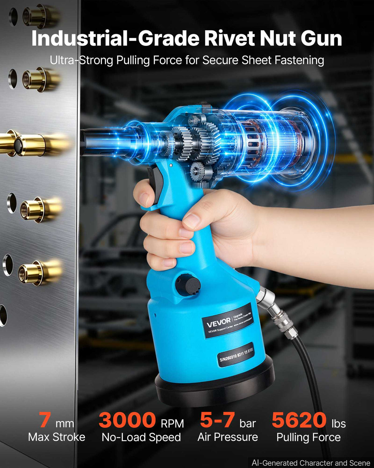 Automatic Pneumatic Rivet Nut Gun Kit with 13PCS SAE & Metric Gun Heads, Industrial-Grade 5620LBS Pulling Force, Air Rivet Nut Tool for Automotive, Construction, Industrial Manufacturing