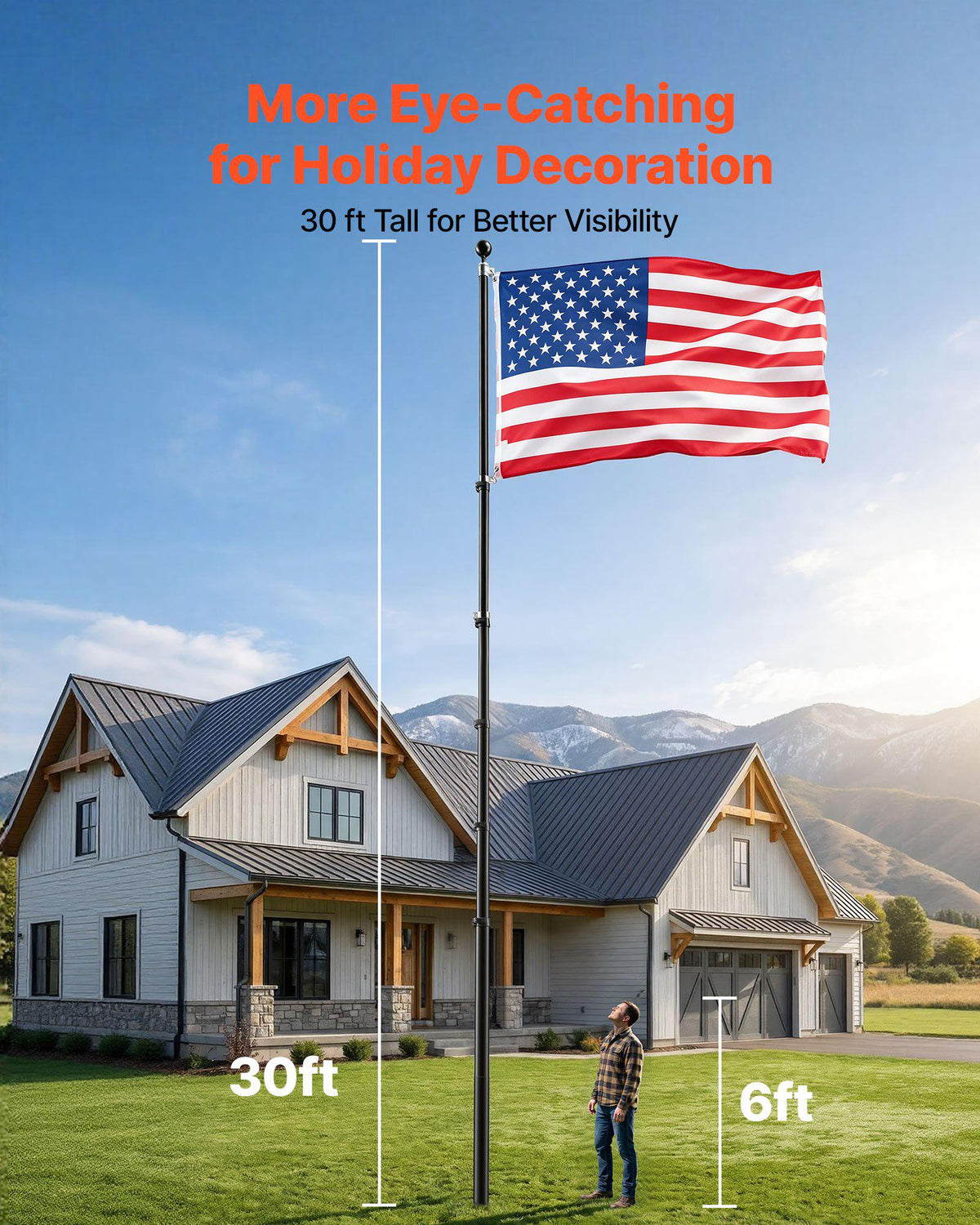 Flag Pole, 30ft Heavy Duty Telescopic Flagpole Kit for Outside House In Ground, Extra Thick Outdoor Aluminum Flagpole Kit with 3x5 American Flag for Yard, Residential or Commercial Use, Black