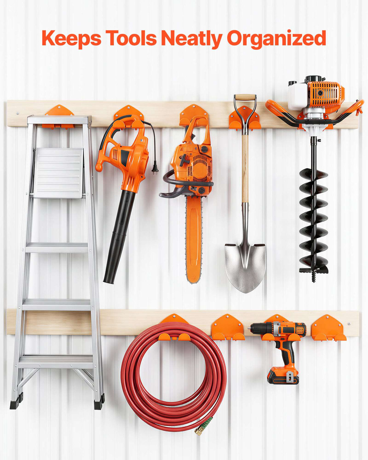 Garage Organizer Trimmer Rack 5.9 Inch 2 Pack 180 lbs Total Load, Wall Mount Garden Power Tool Hanger Weed Whackers Holder for Grass/Hedge Trimmer, Leaf Blower, Chainsaw, Garden Tools, Orange