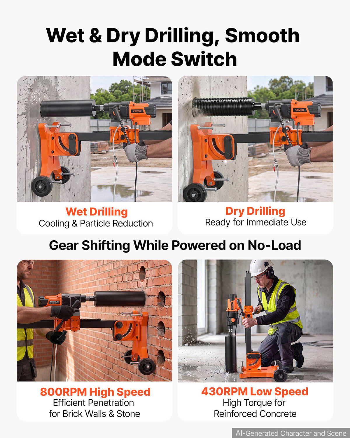 Diamond Core Drilling Machine, 0.8-12 in Drilling Capacity, Dry/Wet Concrete Core Drill Rig with 12 Drill Bits, Tiltable Stand & Wheeled Base, 3200W 800RPM/430RPM, UNC1 1/4–7 Thread
