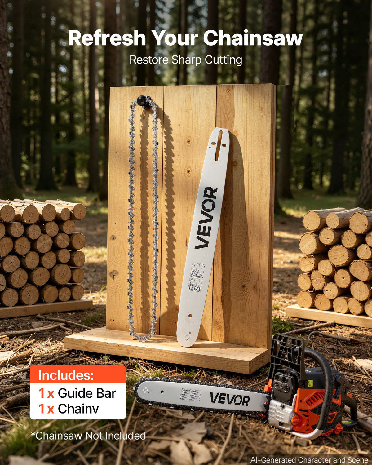 Bar & Chainsaw Chain Combo 18" .325" Pitch .058" Gauge 72 Drive Links, Fits CN-52G / CN-58G / CN-62G Gas Chainsaw, Alloy Steel, Replacement Guide Bar & Saw Chain with Sharp Cutter Teeth
