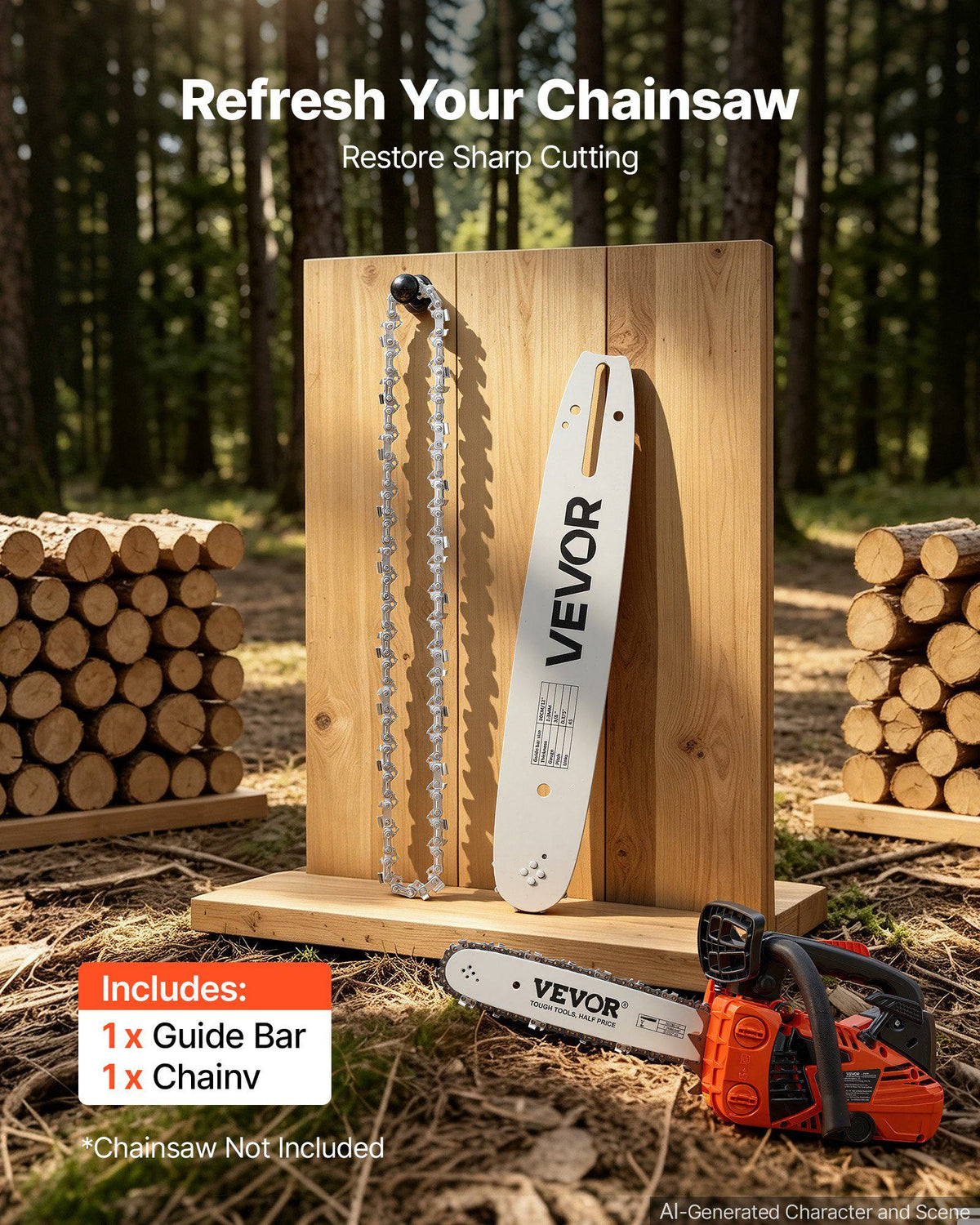 Bar & Chainsaw Chain Combo 12" 3/8" Pitch 3/8" Gauge 45 Drive Links, Fits CN-25 Gas Chainsaw, Forged Alloy Steel, Replacement Guide Bar & Saw Chain with Sharp Cutter Teeth & Tie Straps