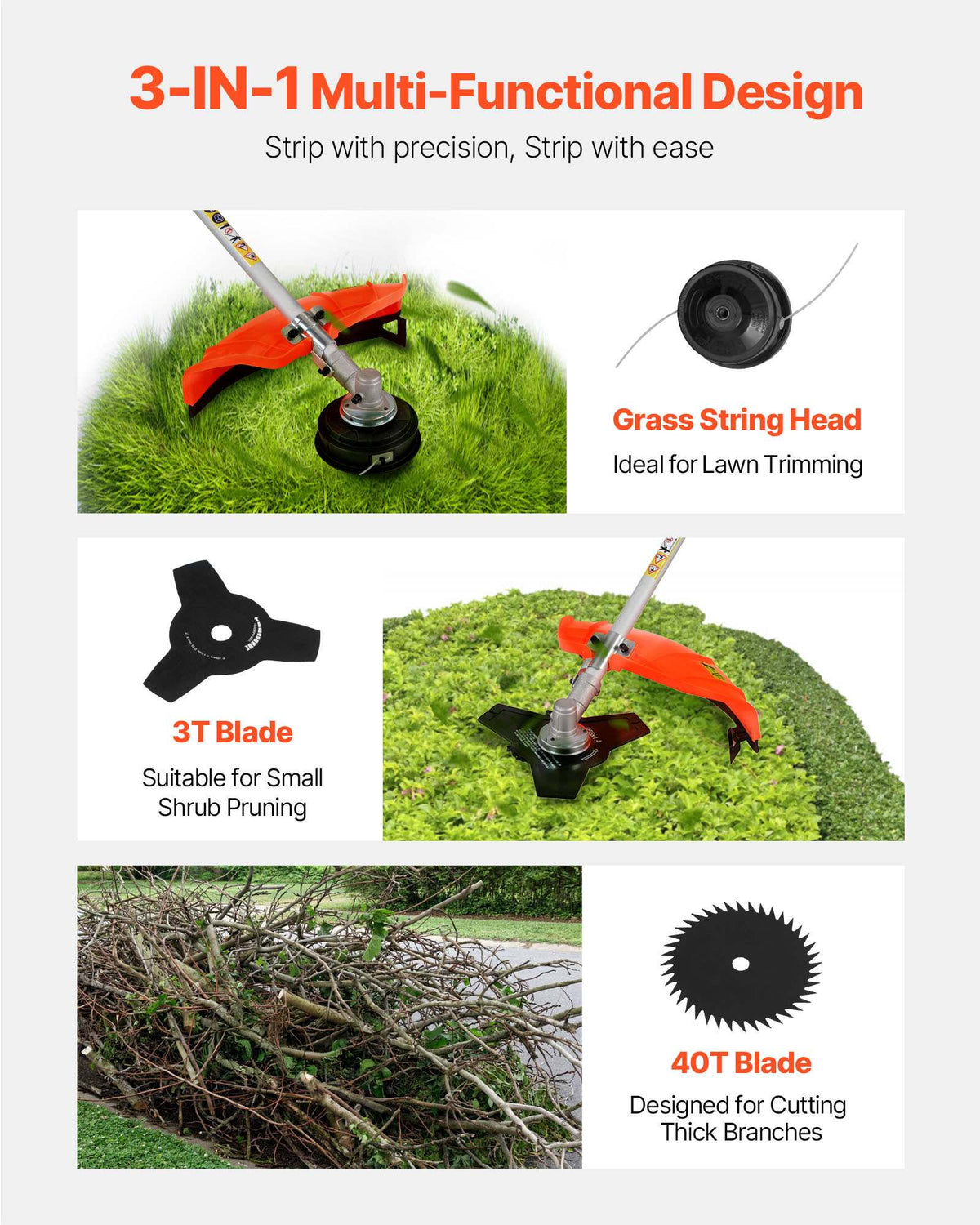 Cordless String Trimmer, 52 cc 2-Stroke, Gas Powered Weed Wacker, 17" Cordless Grass Trimmer, Multi-Functional Lawn Edger with Shoulder Strap & 3T Blade, Weed Eater for Quick Grass Cleaning