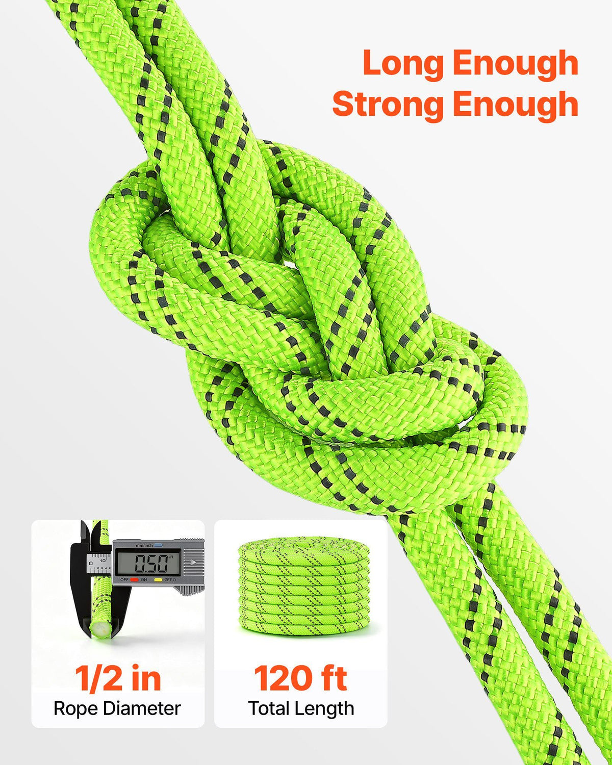 Double Braided Polyester Rope 1/2 in x 120 ft Arborist Rigging Rope, for Tree Work, Heavy Duty 11 Strands, 3700 lbs High Breaking Strength, Outdoor Climbing Towing Swing Pulling Cord, Green