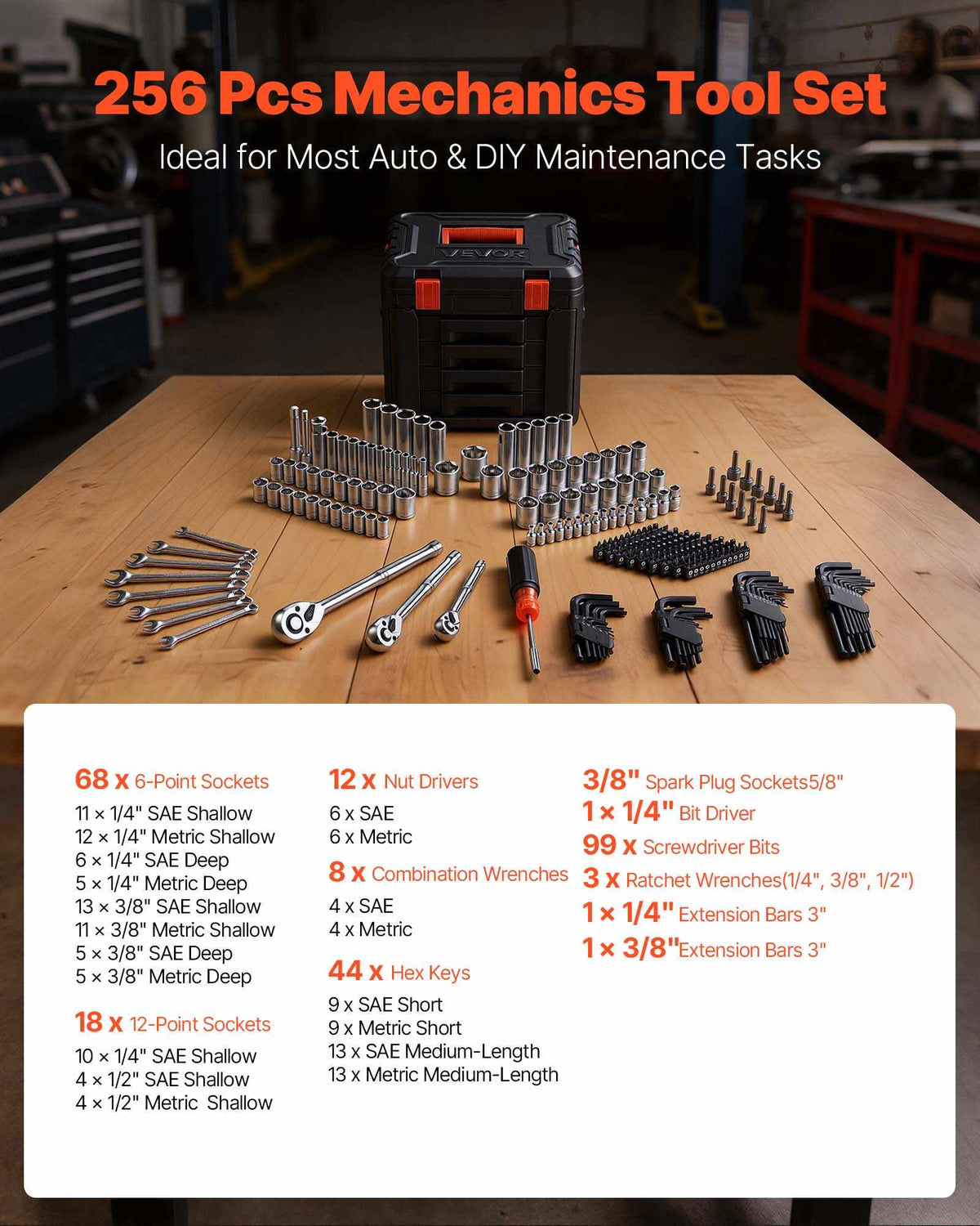 Mechanics Tool Set, 256-Piece Mechanic Tool Kit, 1/4 in, 3/8 in, and 1/2 in Drive, SAE and Metric Socket Set, Wrenches, Screwdriver Bits, Accessories, and Storage Case, for Automotive Repair