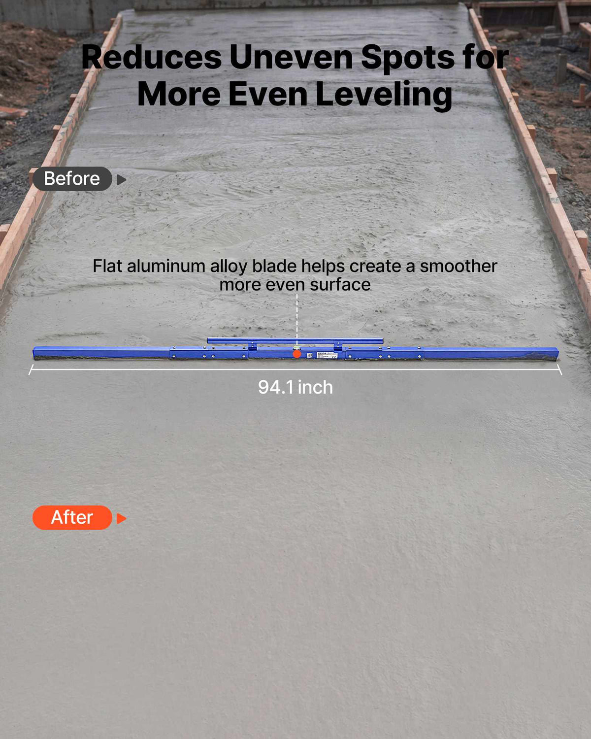 Concrete Screed 96 in Length Manual Screed Board Aluminum Alloy Blue, Built-in Bubble Level, Powder-coated Finish, Lightweight Paver Leveling Tool for Patio, Sidewalk, Garage Floor Finishing