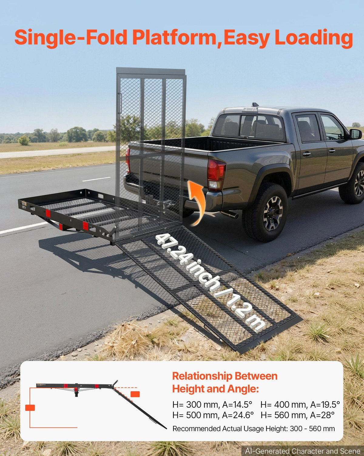 Hitch Mount Mobility Chair Carrier Height Adjustable, 500LBS Steel Mobility Scooter Carrier Cargo Basket with Folding Ramp & Stabilizer Kit, Fits 2" Hitch Receiver for Truck SUV Car, 48" x 28"