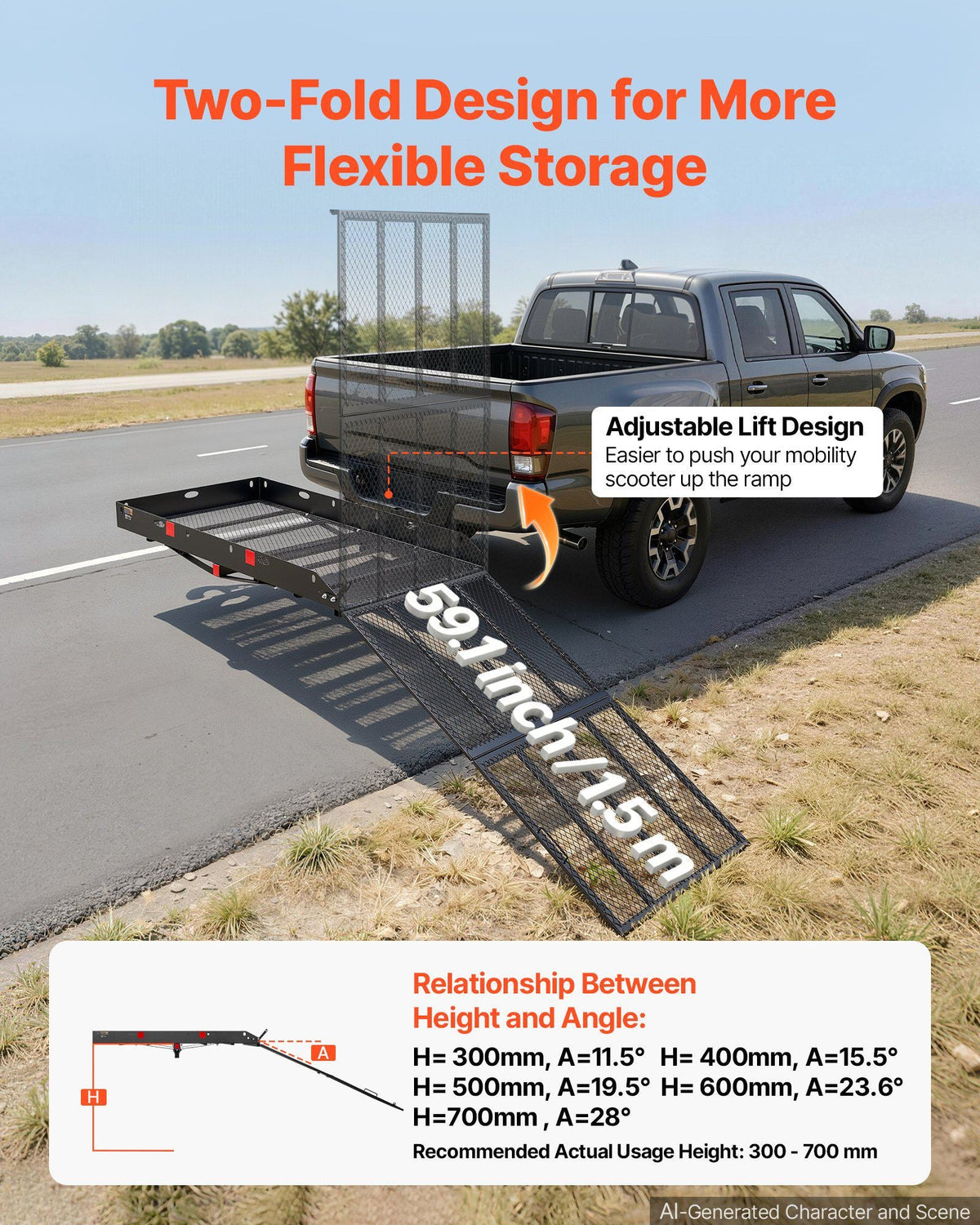 Hitch Mount Wheelchair Carrier Height Adjustable, 500LBS Steel Mobility Scooter Carrier Cargo Basket with Double-Folding Ramp & Stabilizer, Fits 2" Hitch Receiver for Truck SUV Car, 60" x 33"