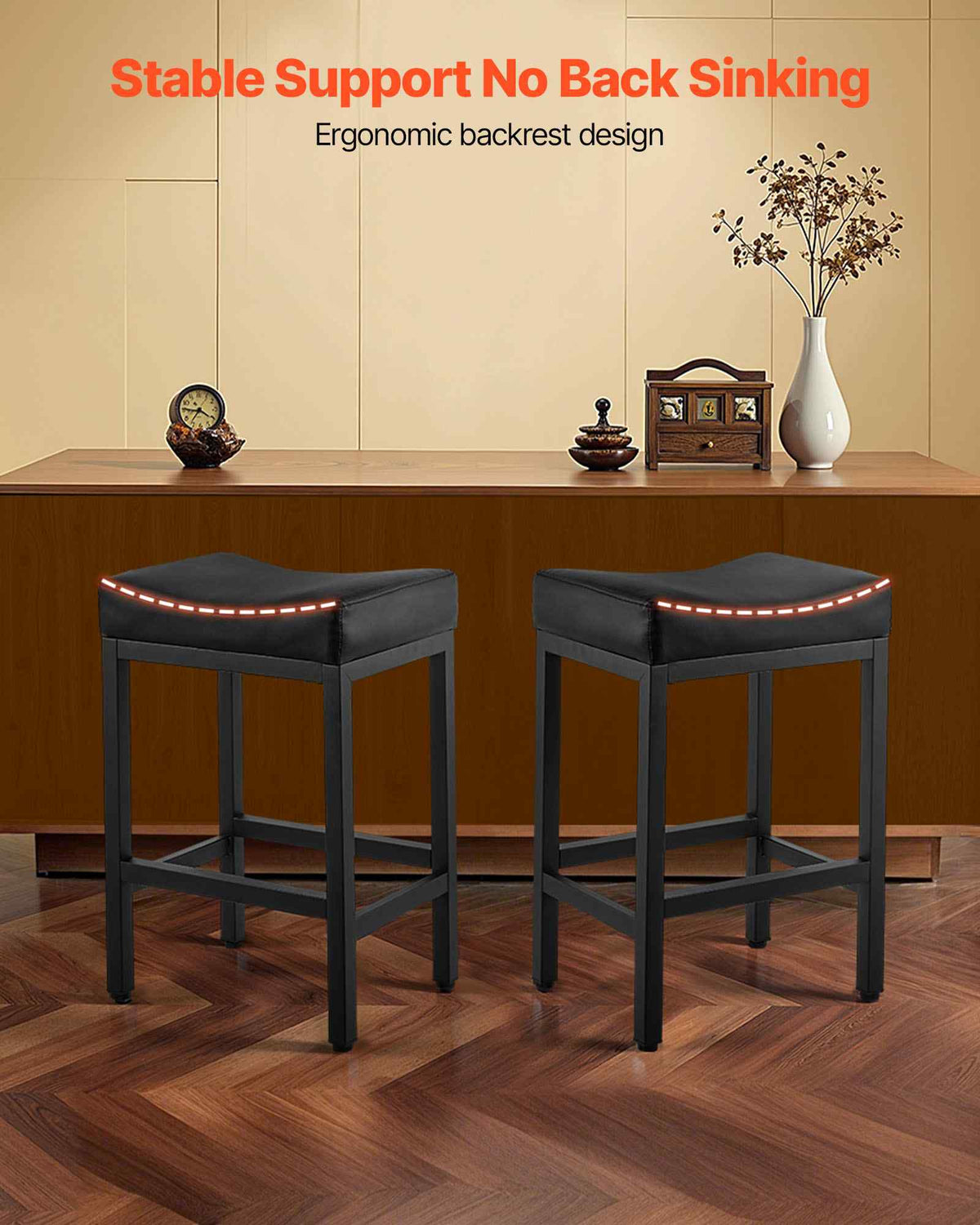 Bar Stool Set of 2, PU Leather Counter Height Stools, 25 inch Barstool with Saddle-Seat and Metal Legs, Easy Assembly Backless Bar Chair, Island Barstools for Kitchen, Dining Room, Cafe, Black