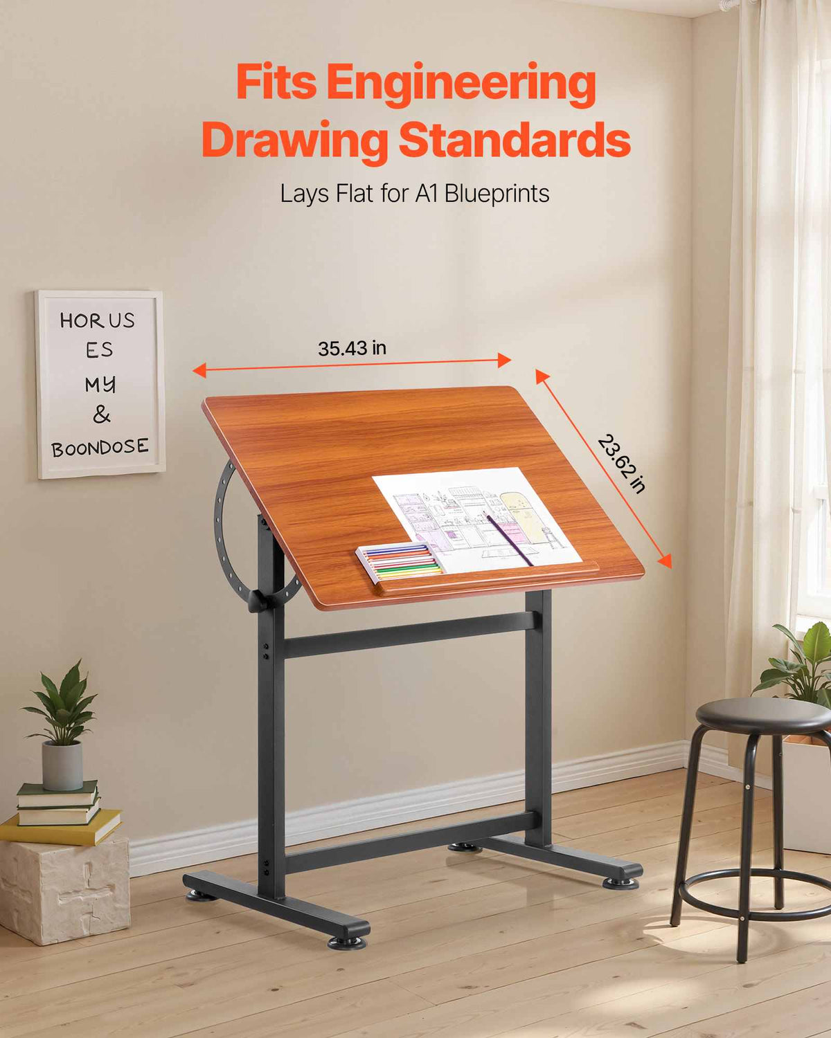 Drafting Table, Adjustable 0°–90° Tilt Drawing Desk, Portable Artist Table with Black H-Frame and Brown Desktop, Wooden Painting Desk Craft Workstation for Reading, Writing, Crafting, Meeting
