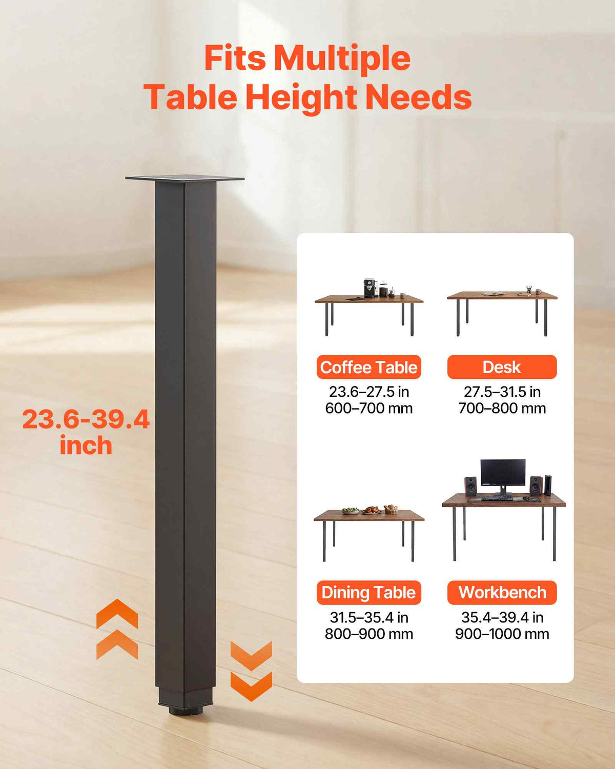Adjustable Table Legs, 24-40 in Square Steel Furniture Legs, 1200 lbs Max Load Heavy Duty, Quick Installation, Ideal for Home Office Desk DIY, Coffee Dinner Bar Tables, Workbenches, 4 PCS, Black