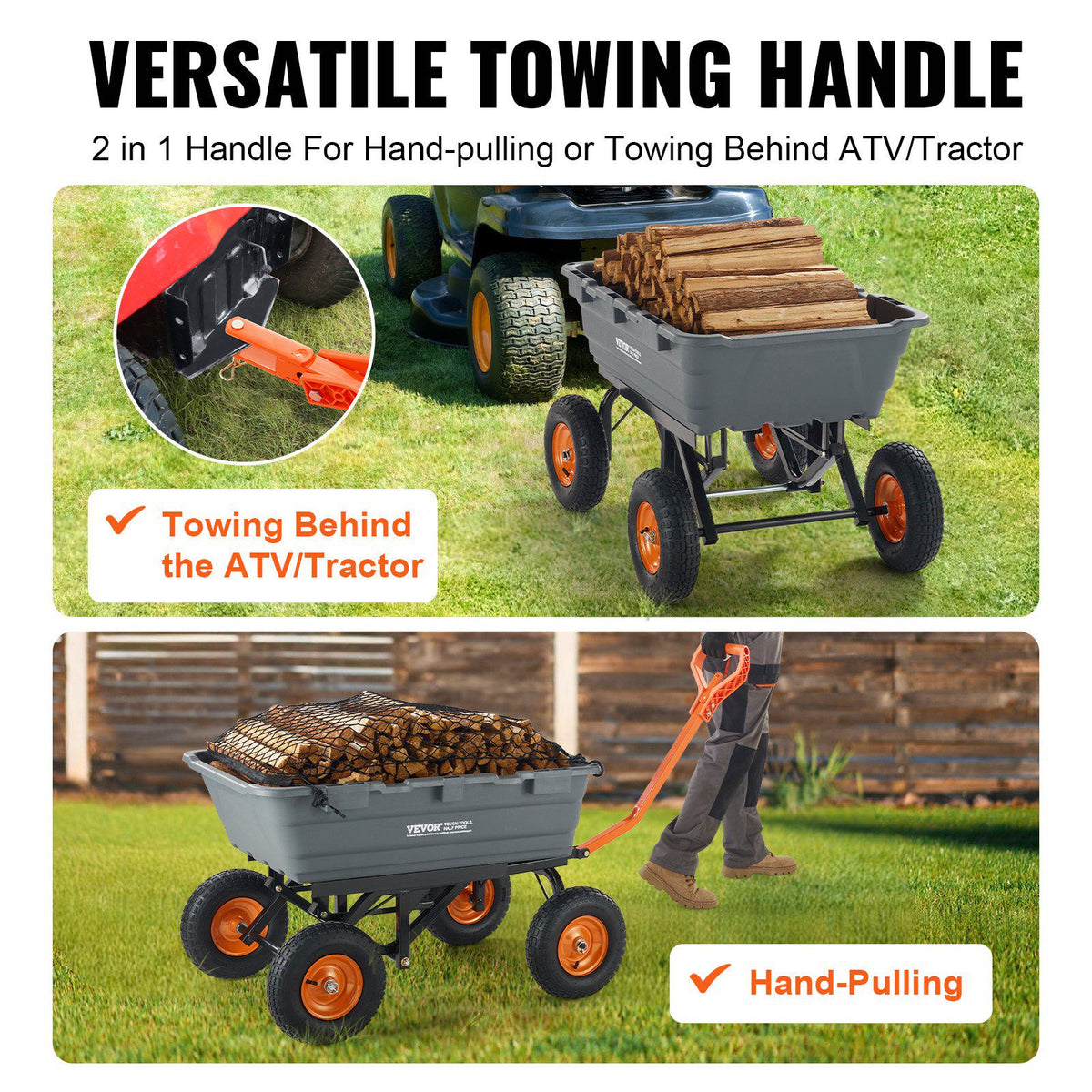 Garden Cart, Durable Poly Dump Cart with Simple Assembly Steel Structure, Versatile Dump Wagon with Dual-Function Handle, Handy Wheelbarrow with 1500 lbs Load Capacity, 13 inch Wheels