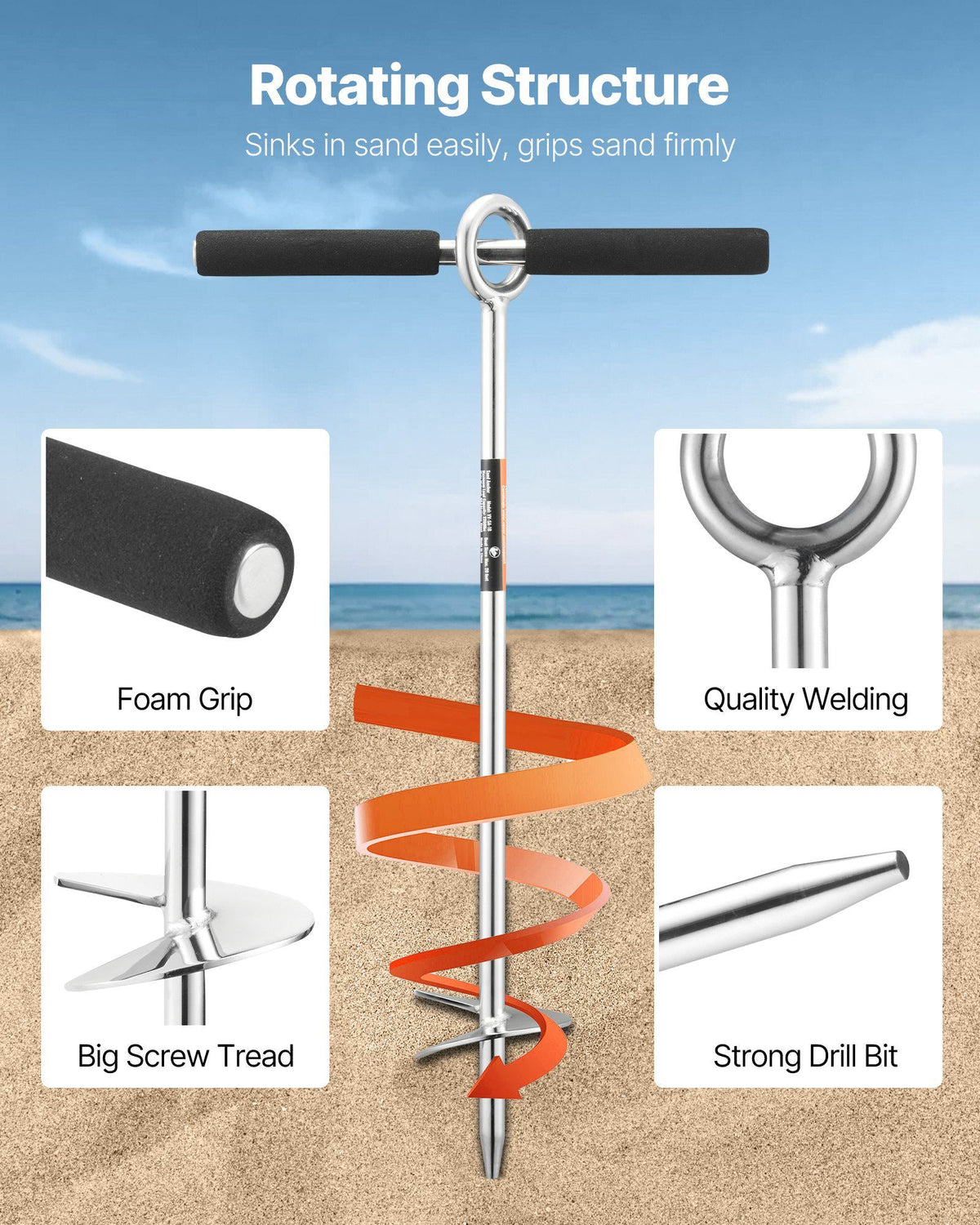 Sand Anchor, 18 in Stainless Steel Beach Anchor, Screw in Sand Boat Anchors with Spiral Blade, Shallow Water Boat Auger Anchors, for Securing Jet Ski PWC Pontoon Kayak on Beaches and Sandbars
