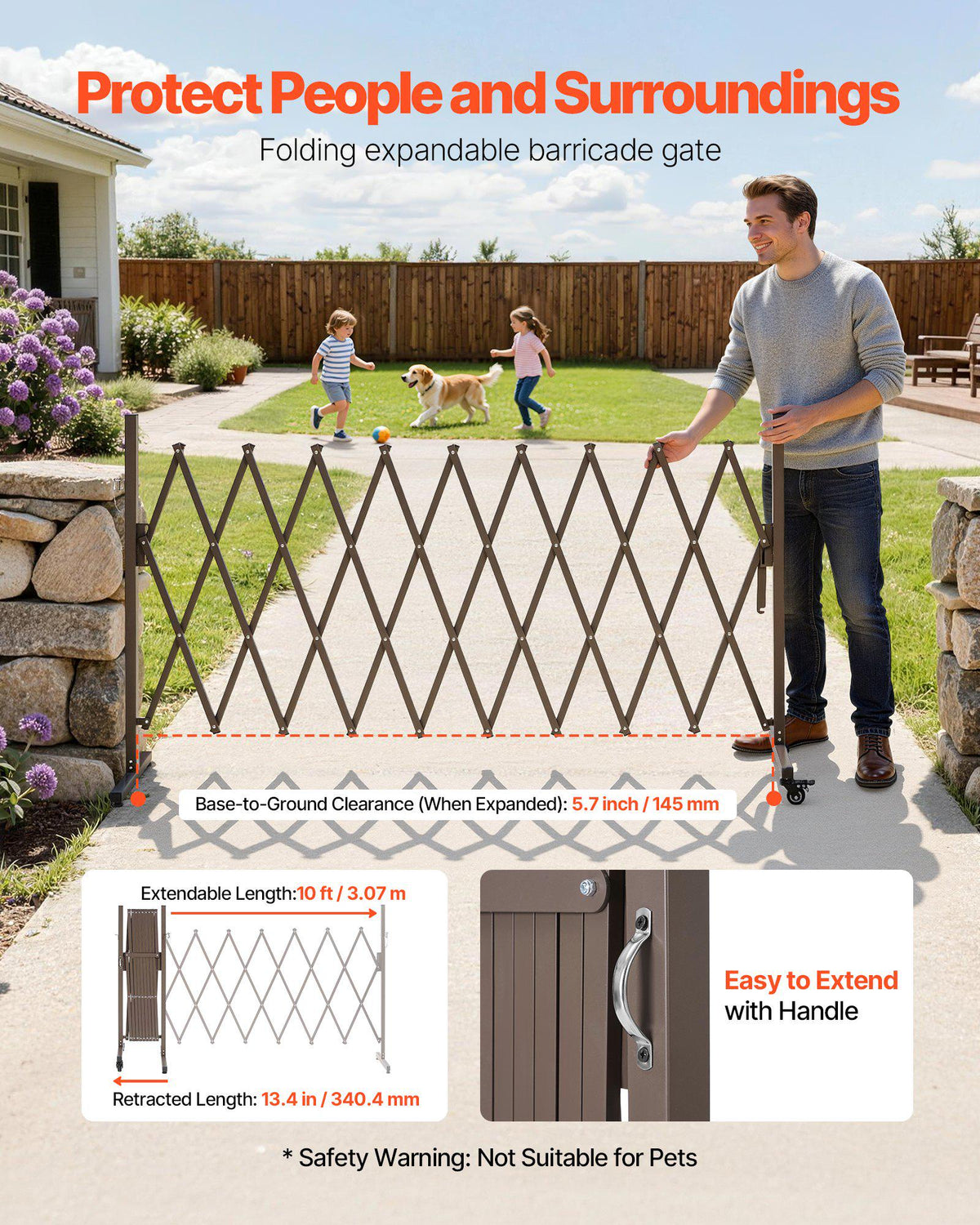 Expandable Barricade, 10FT Expandable Safety Barrier, Flexible Mobile Barricade with Locking Casters, Portable Folding Security Gate Metal Traffic Fence for Patio Garden Stairway