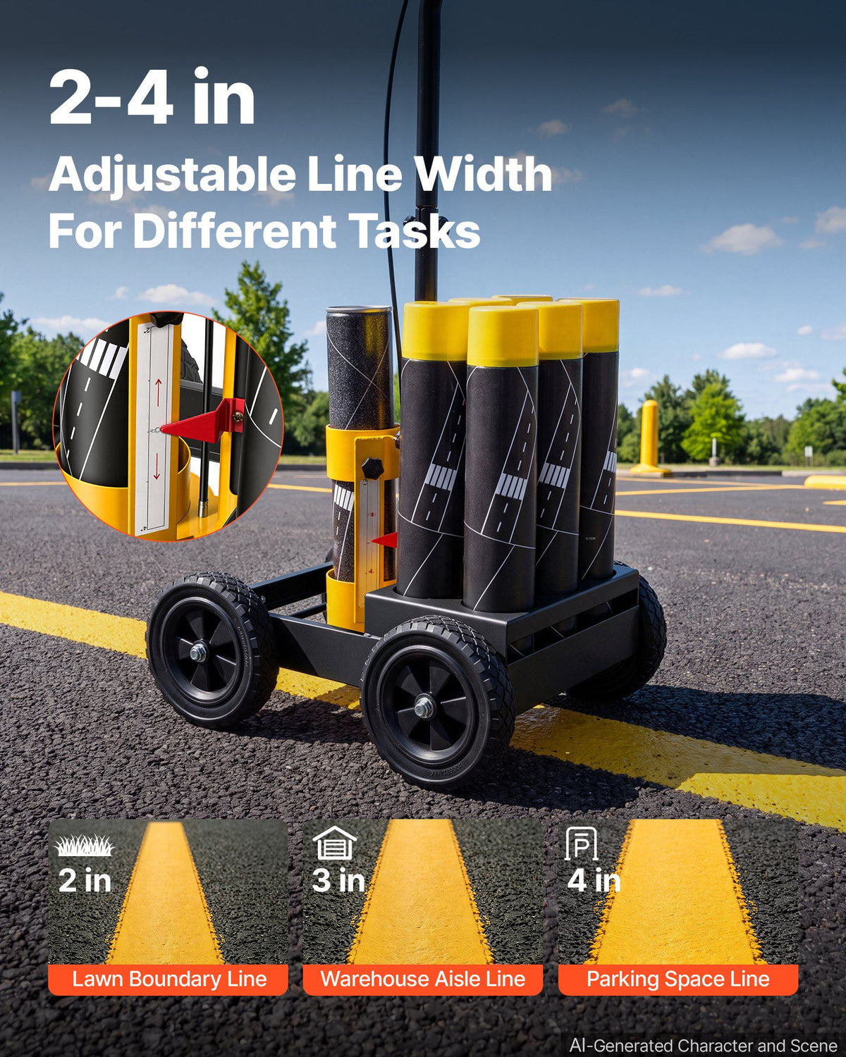 Striping Line Marking Machine 6-Can Capacity Black with 4 Wheels, Parking Lot Striping Machine, 2 to 4 in Adjustable Line Width, Heavy Duty, Fast and Accurate Marking, with Adapter Nozzle