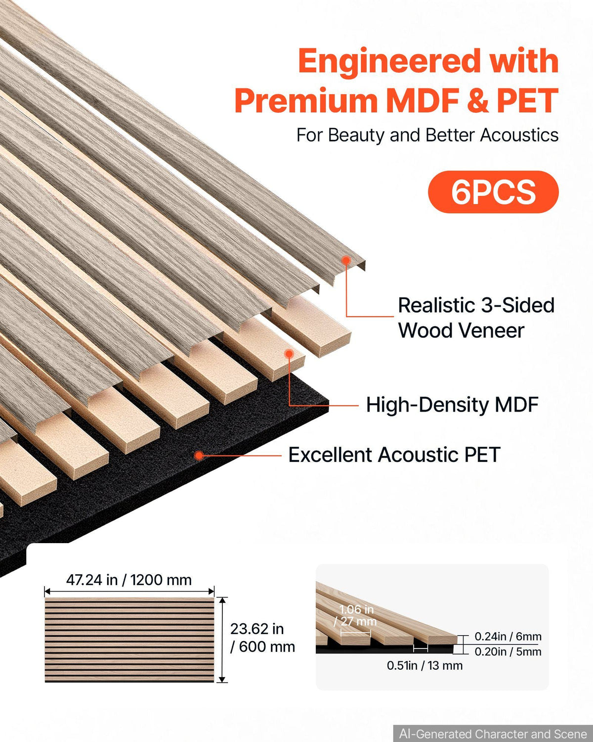 Wood Wall Panels, 47.2 x 23.6 inches, Acoustic Slat Panels, Walnut, Sound Absorbing for Living Rooms, Bedrooms, Offices, Studios, Interior Wall Decor, MDF & PET Construction, Screw Kit, 6-Pack