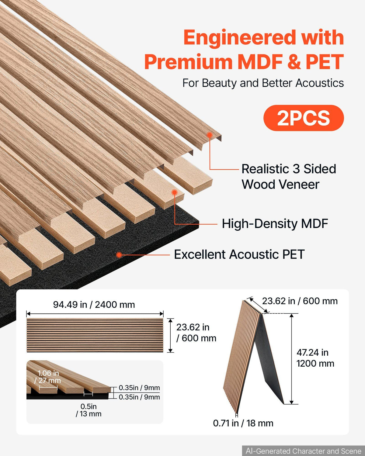 Wood Wall Panels, 94.5 x 23.6 inches, Acoustic Slat Panels, Walnut, Sound Absorbing for Living Rooms, Bedrooms, Offices, Studios, Interior Wall Decor, MDF & PET Construction, Screw Kit, 2-Pack