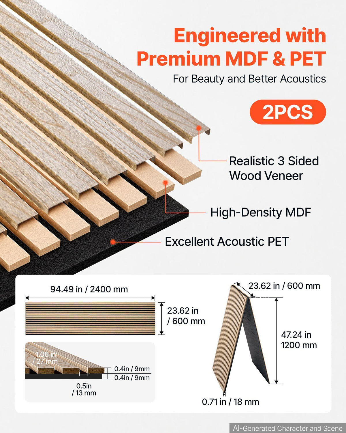 Wood Wall Panels, 94.5 x 23.6 in, Acoustic Slat Panels, Oak Finish, Sound Absorbing for Living Rooms, Bedrooms, Offices, Studios, Interior Wall Decor, MDF & PET Construction, Screw Kit, 2-Pack