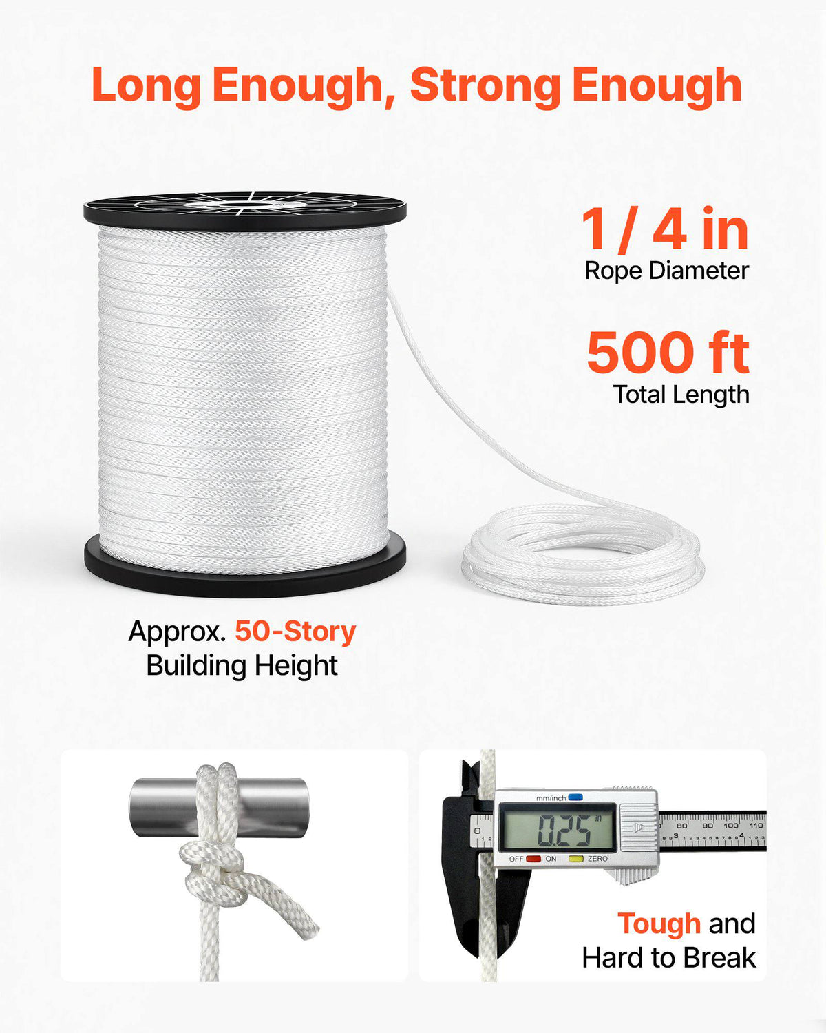 Polyester Rope 1/4 in x 500 ft Solid Braid Marine Utility Rope White, for Outdoor Boat Docking, 1150 lbs Breaking Strength, Heavy Duty Low Stretch Sun-Resistant Industrial Cord, Smooth Surface