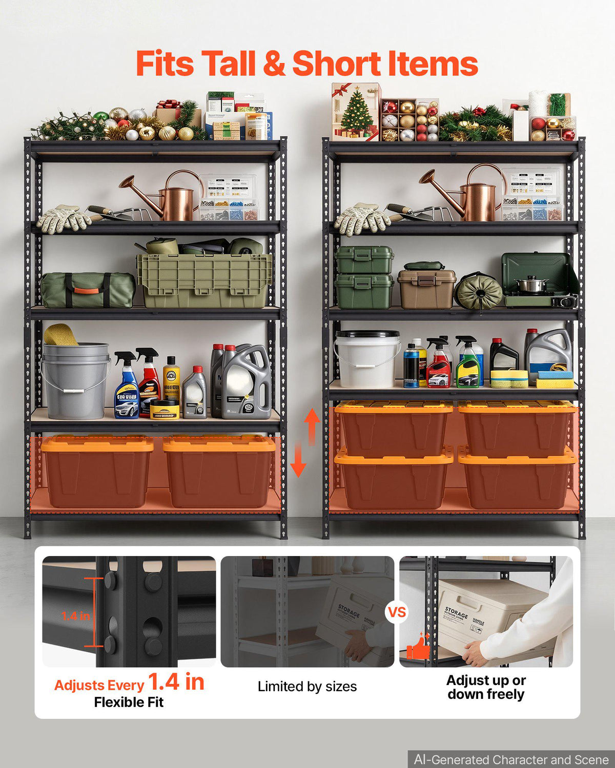 Storage Shelves, 5-Tier Adjustable, 2000 lbs Capacity, Heavy Duty Garage Storage Shelving Unit, Metal Utility Rack Shelf, for Garage Warehouse Basement Kitchen, 48.35" W x 18.07" D x 71.38" H