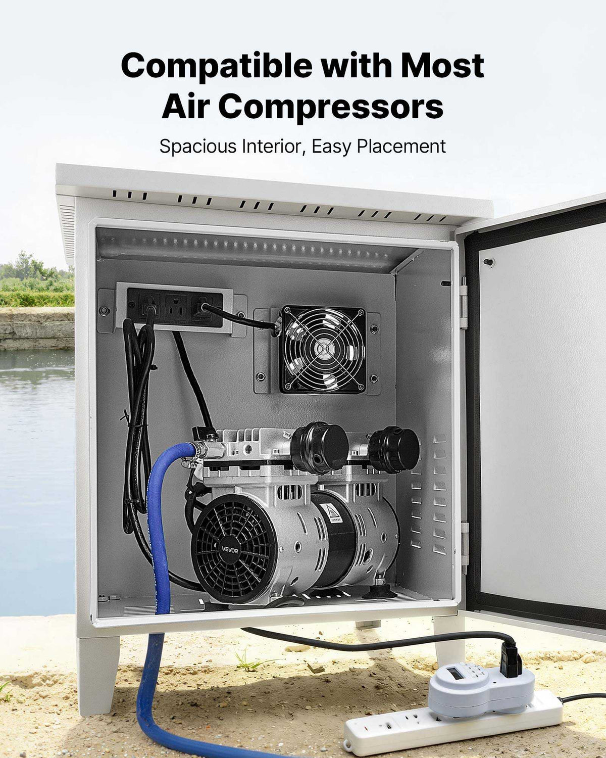 Pond Aerator Weatherproof Outdoor Cabinet, Housing for Pond Aerator with Cooling Fan & AC Power Outlet, 16.9 x 19.7 x 22.8 in, Water Garden Aeration Box, Fits Most Aeration Compressors