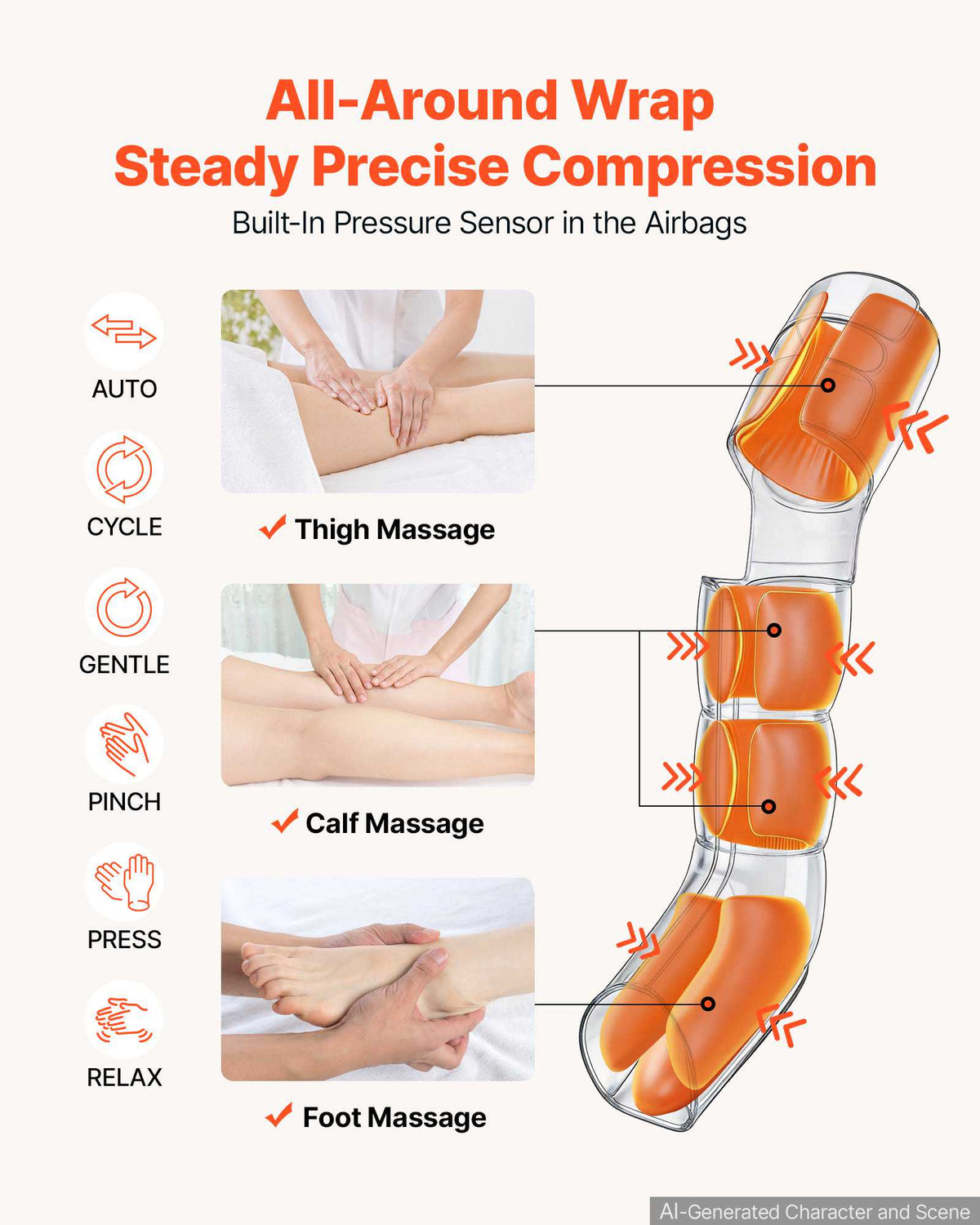 Leg Compression Massager 9 Intensities Air Compression Leg Massager, For Daily Relaxation, 6 Massage Modes, 3 Heat Settings, Auto Shut-Off Timer, Adjustable Fit, with Storage Bag and Adapter