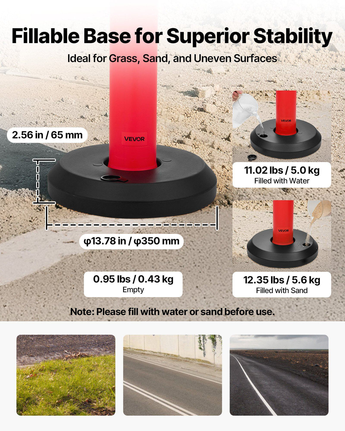 3 Pack Traffic Delineator Posts, 48 inches Traffic Safety Cones with Fillable Base and Reflective Strips, Heavy Duty Delineator Posts for Construction Site, Parking Lot, Crowd Control, Red