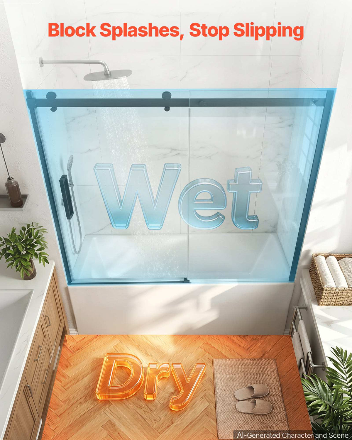 Bathtub Shower Door 60" W x 60" H Semi-Frameless Sliding Door Black, 5/16" Thick Clear Tempered Glass, Sliding Tub Shower Door with 2 Stainless Steel Handles, Nano Coating, for Bathroom Tubs
