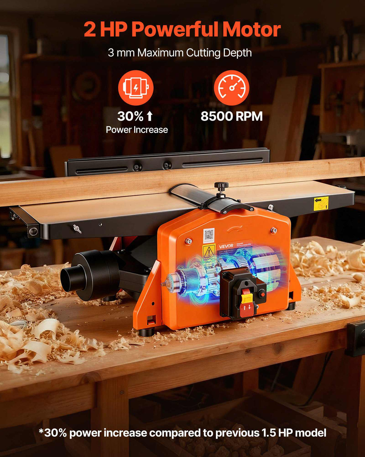 Spiral Benchtop Jointer, 8 Inch, 2 HP 8500 RPM Bench Top Wood Jointer, with 18-Blade Spiral Cutterhead, Extendable Cast Aluminum Table, Up to 1/8 in Depth, Adjustable Fence, for Woodworking DIY