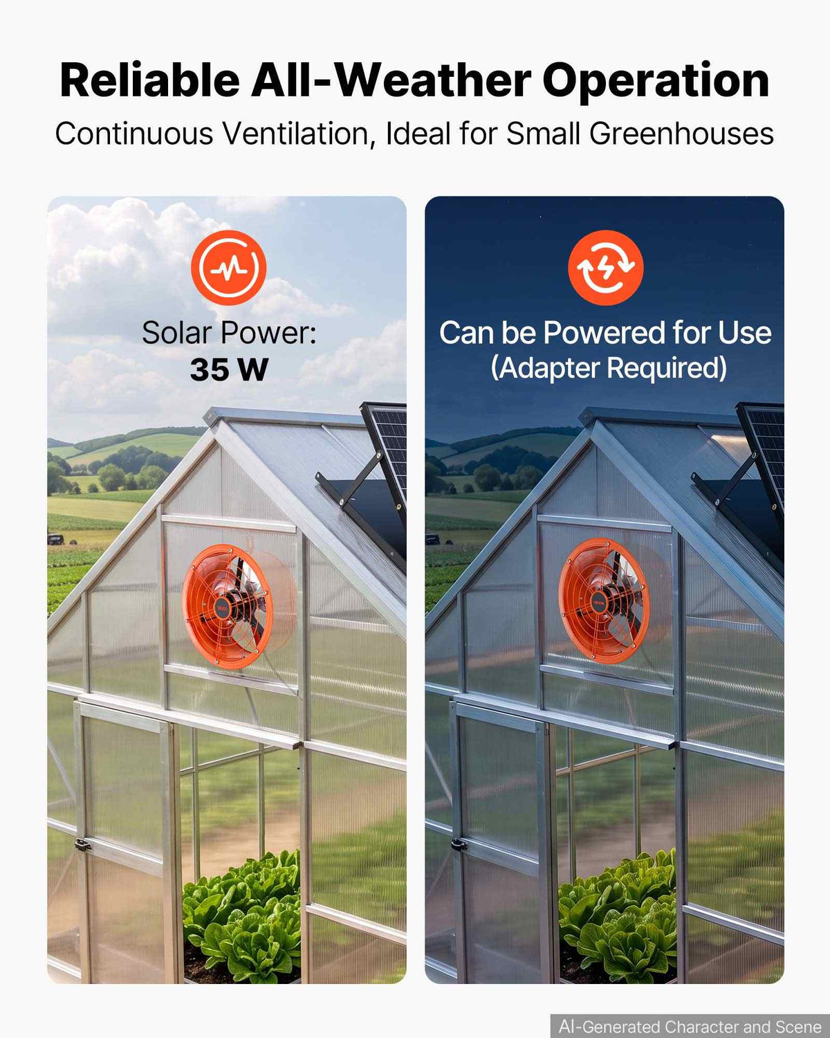 Gable Mount Fan, 12 inch Solar Attic Vent Exhaust Fan Carbon Steel, 900 CFM Cooling and Ventilation for Roof, Greenhouse, Garage, Shop, Small Spaces, with Thermostat and Power Adapter, Orange