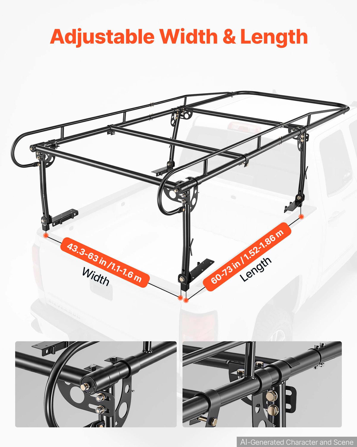 Truck Ladder Rack 800LBS Capacity Universal Over-Cab Trucks Bed Rack, 43.3"-63" Width Adjustable for Kayak Surfboard Lumber, Non-Drilling/Drilling Installation, Fits Short-Bed & Long-Bed Trucks