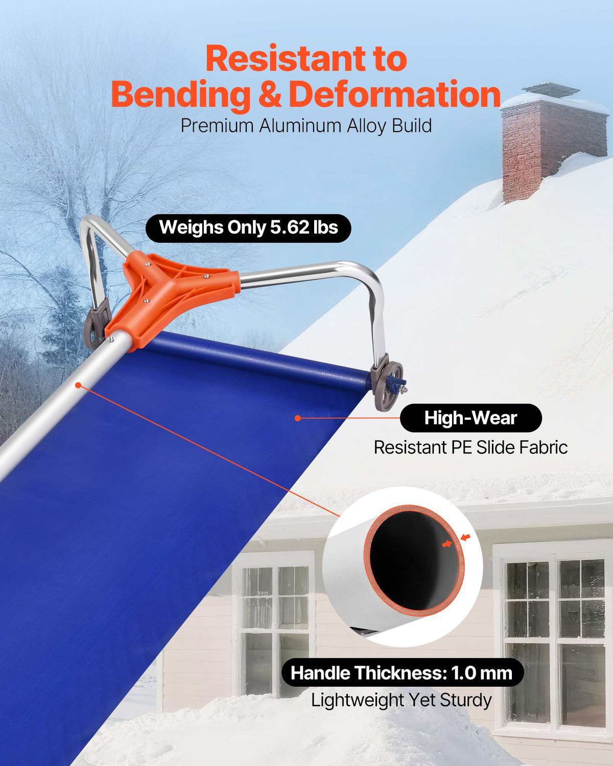 Snow Roof Rake, 17 in Aluminum Blade, 4.1-17.2 ft Adjustable Roof Snow Scraper with Wheels & Slide, Lightweight Snows Removal Tool for House Rooftop Leaves Debris Clearing