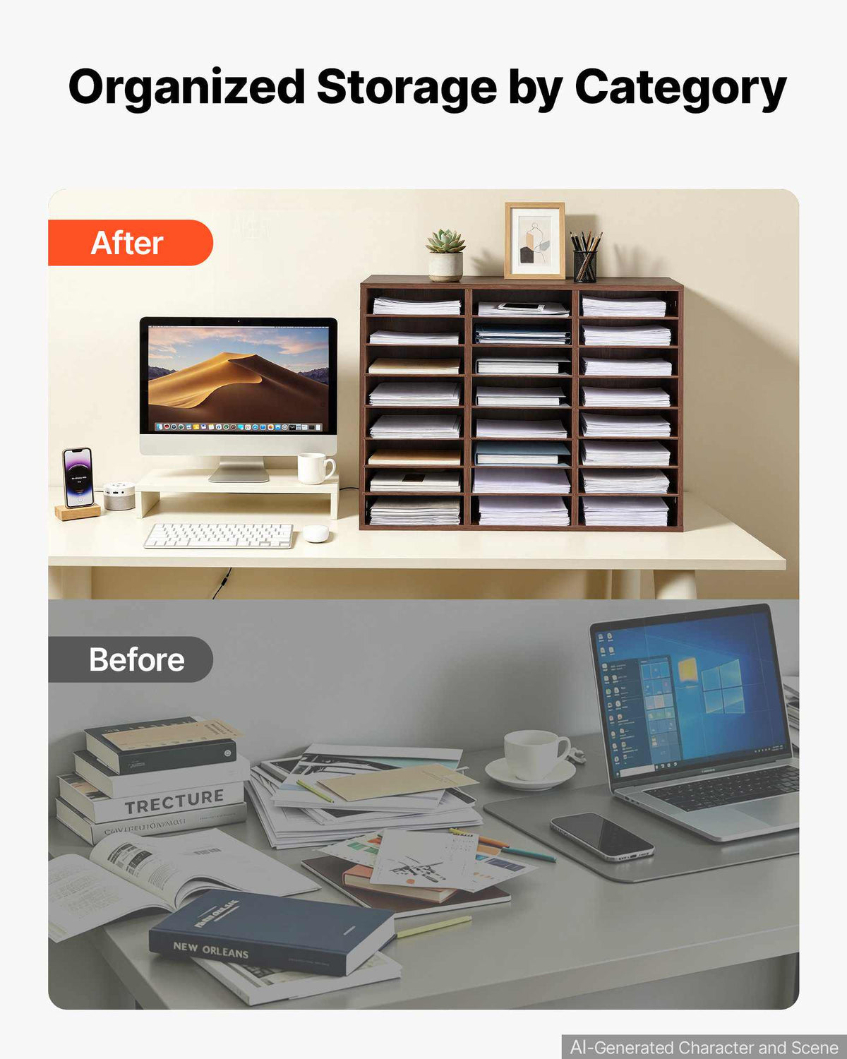 Wood Literature Organizer 24 Compartments Office Mailboxes Brown, Countertop Literature Sorter for Files Documents Papers, with Adjustable Shelves, for Office, Home, Classroom Organization