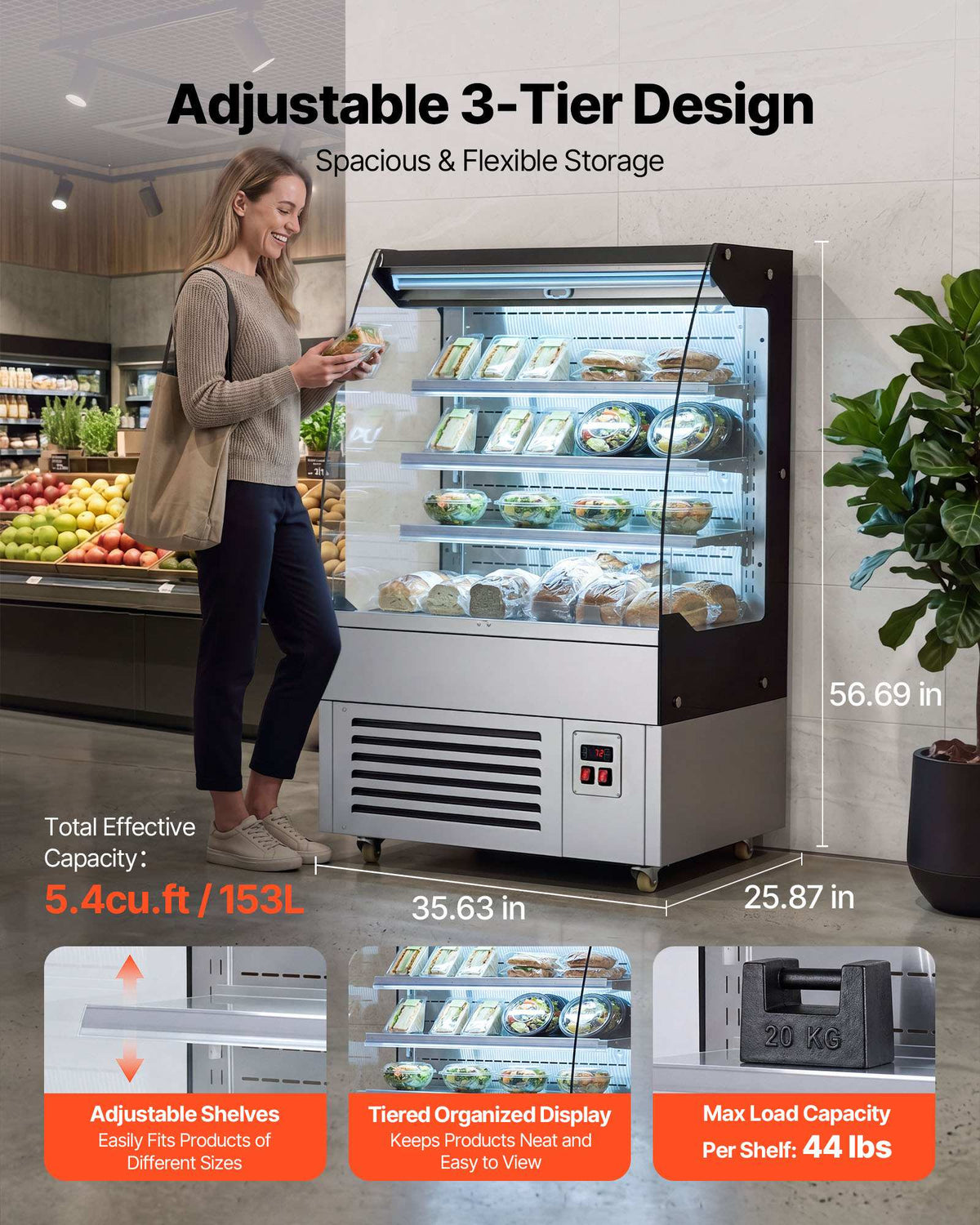 Open Air Merchandiser, 5.4 cu. ft. 3-Tier Shelving Commercial Refrigerator, Grab and Go Fan Cooling Display Cooler, with LED Lighting, Night Curtain, Upright for Restaurants, Stores, Office