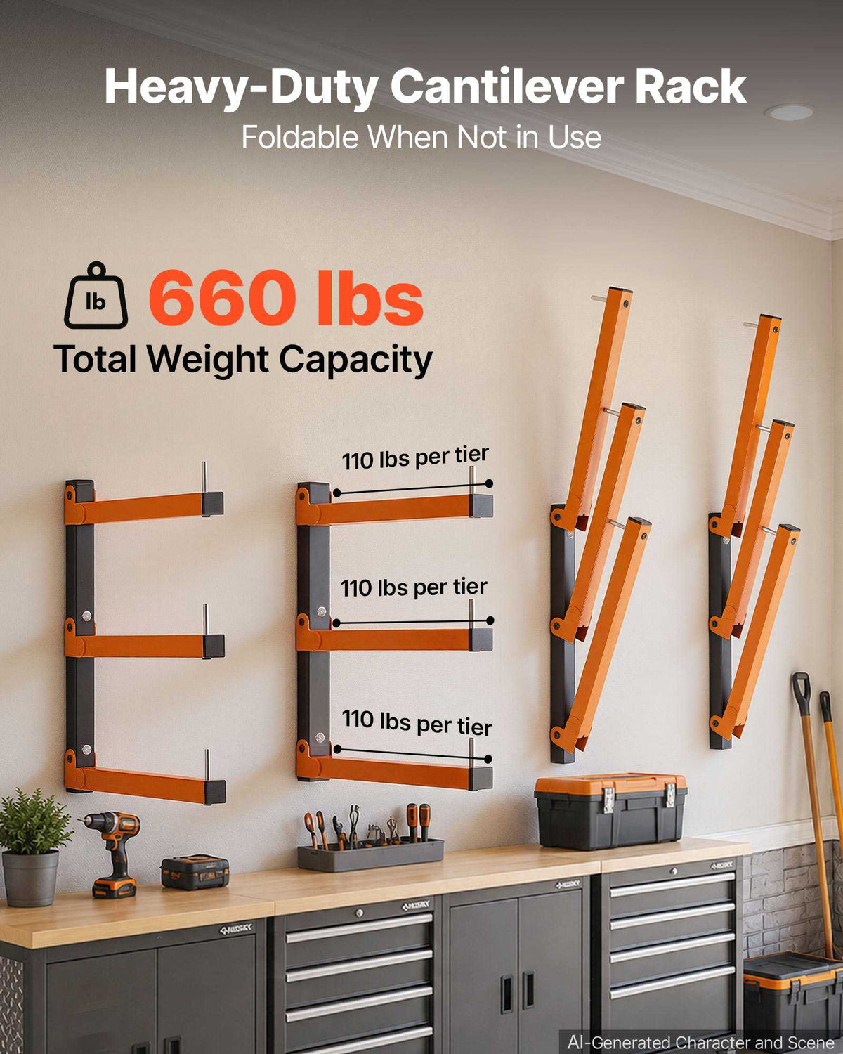 Lumber Rack, 3-Tier 4-Pack 110 lbs per Tier, Foldable Wood Storage, Wall-mounted for Garages, Workshops, Warehouse, Basement, Heavy-Duty Cantilever Arms, Locking Pins, Steel, Orange & Black