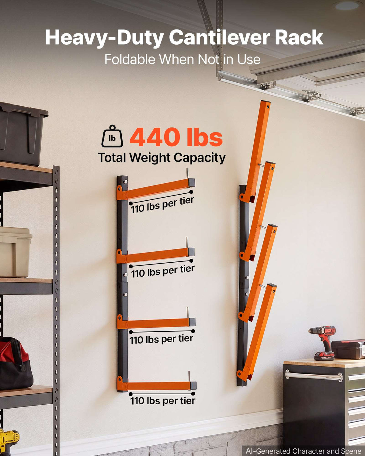 Lumber Rack, 4-Tier 2-Pack 110 lbs per Tier, Foldable Wood Storage, Wall-mounted for Garages, Workshops, Warehouse, Heavy-Duty Cantilever Arms, 3-Level Adjustment, Steel, Orange & Black
