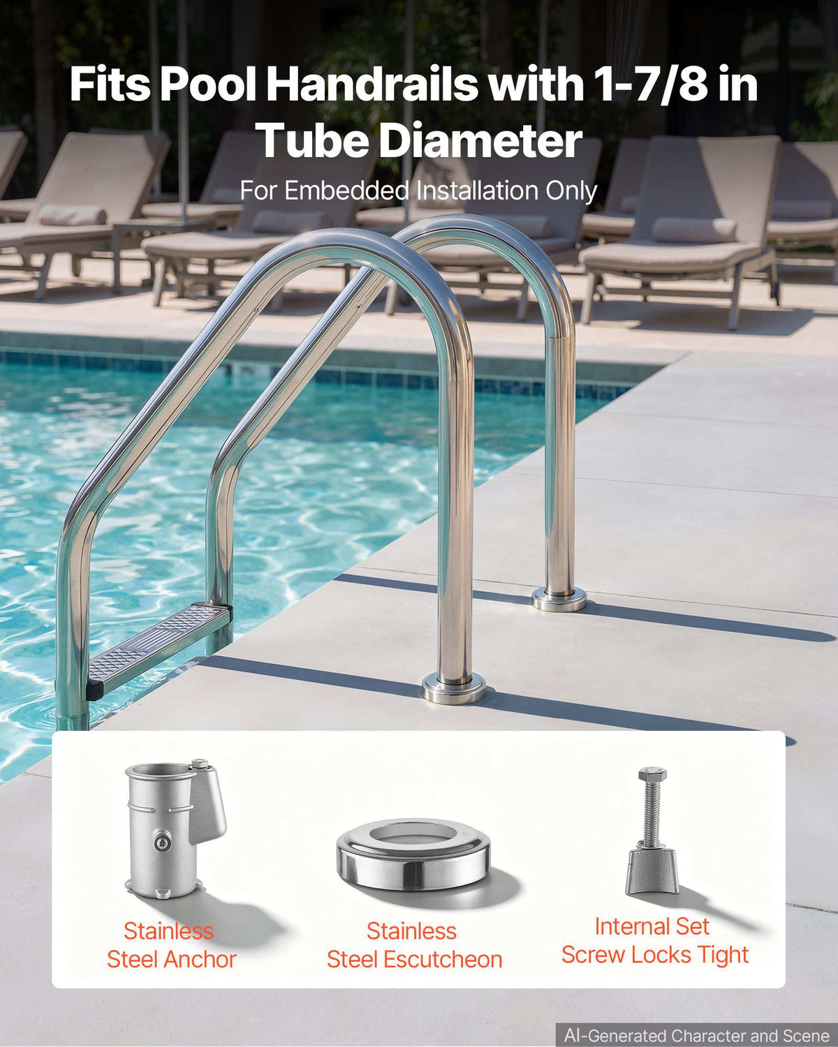 Pool Handrail Anchor Kit 2 Pack 316 Stainless Steel for In-ground, Pool Ladder Anchors and Escutcheon Fits 1-7/8 in OD Rail, Secure Fit, Heavy-Duty Mount Set for Hard Concrete, Silver