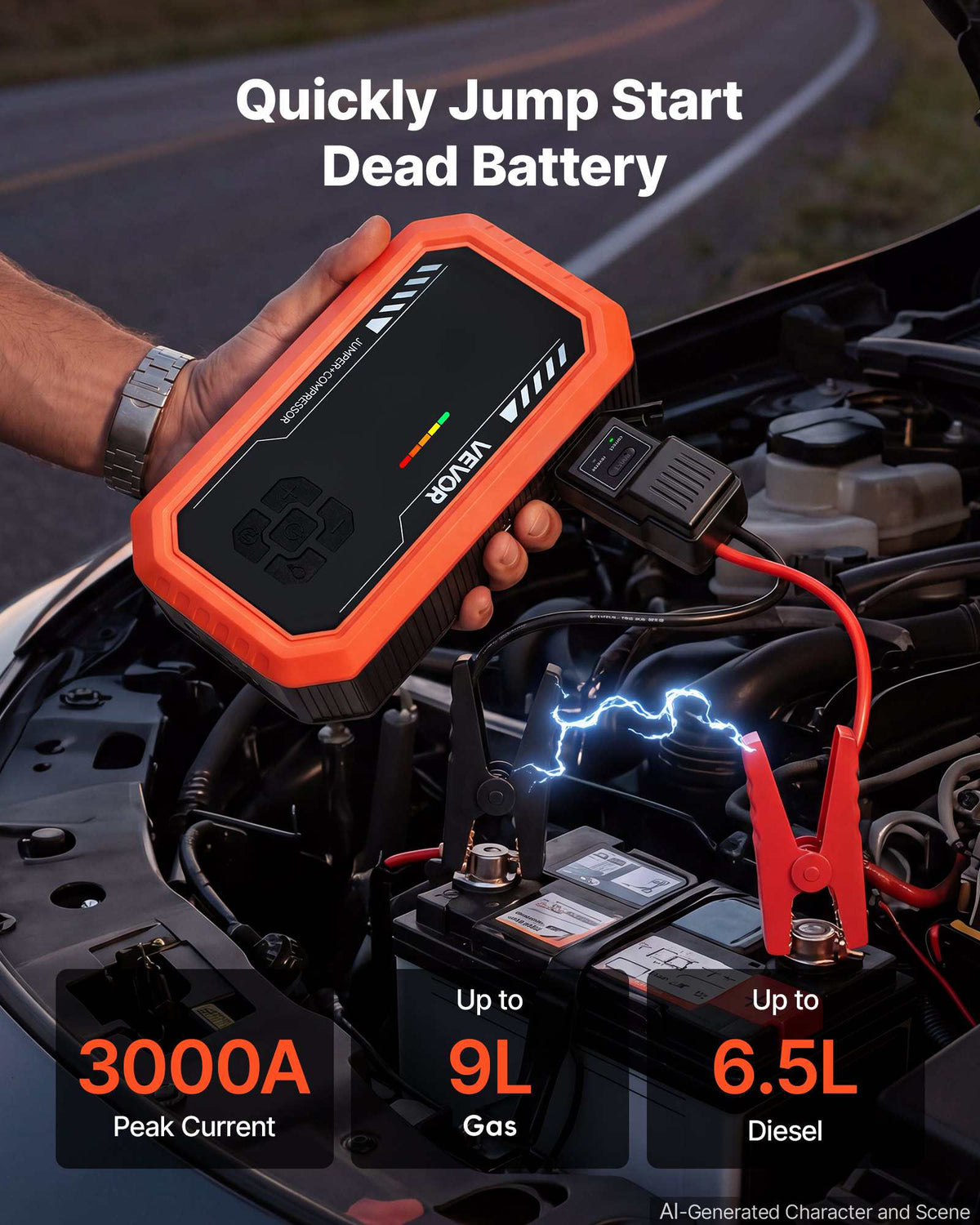 Jump Starter with Air Compressor 3000A Peak Car Battery Jump Box, Portable for 9.0L Gas / 6.5L Diesel, 150 PSI Auto-Shutoff Tire Inflator, Power Bank, 12V Battery Charger, with LED Flashlight