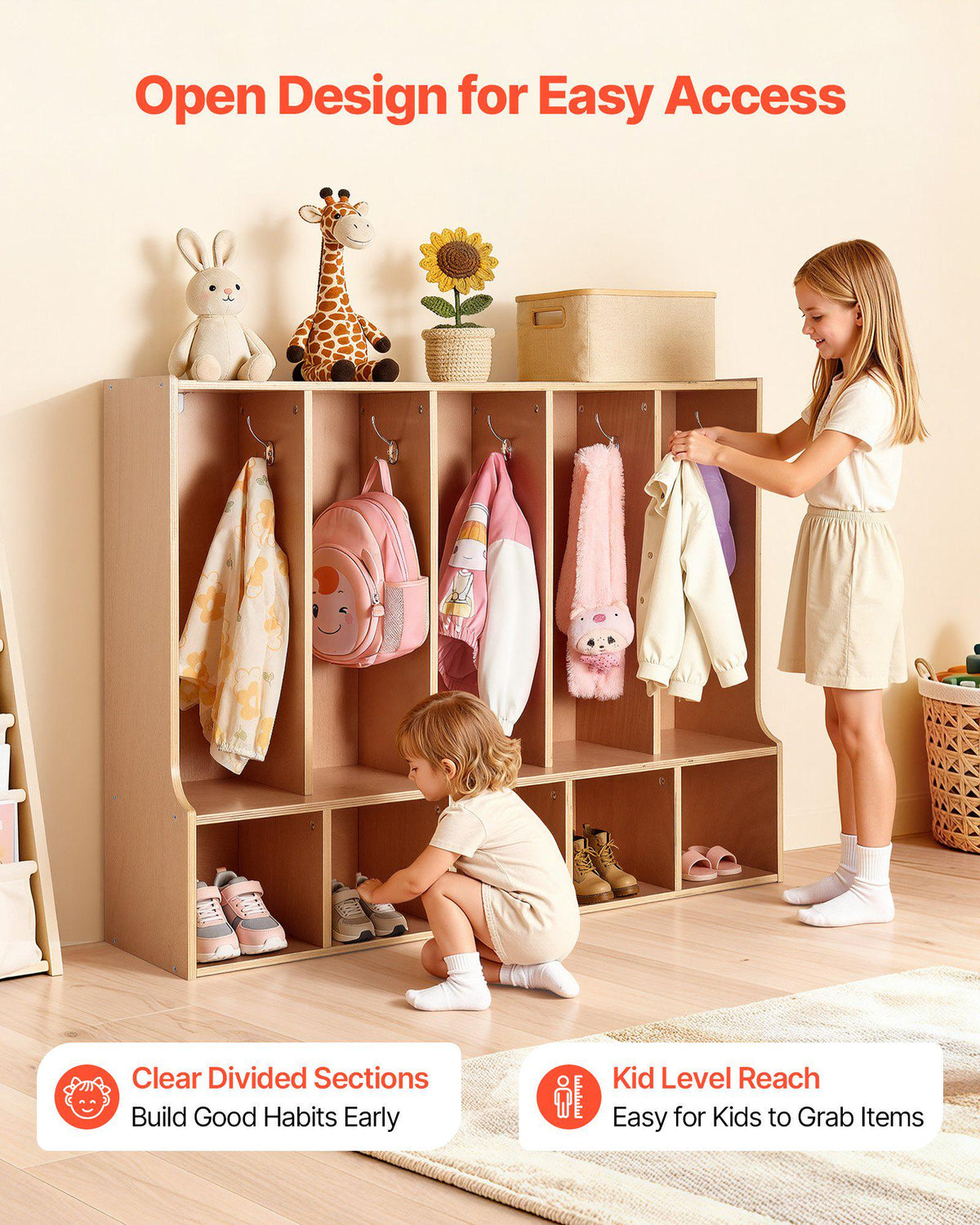 5-Section Kids Coat Locker, Wooden Toddler Cubby Storage Organizer with 10 Hooks & Non-Slip Mat, Modern Kid Coat Cubbies with 5 Small Open Storage Boxes for Home, Kindergarten, Daycare, Natural