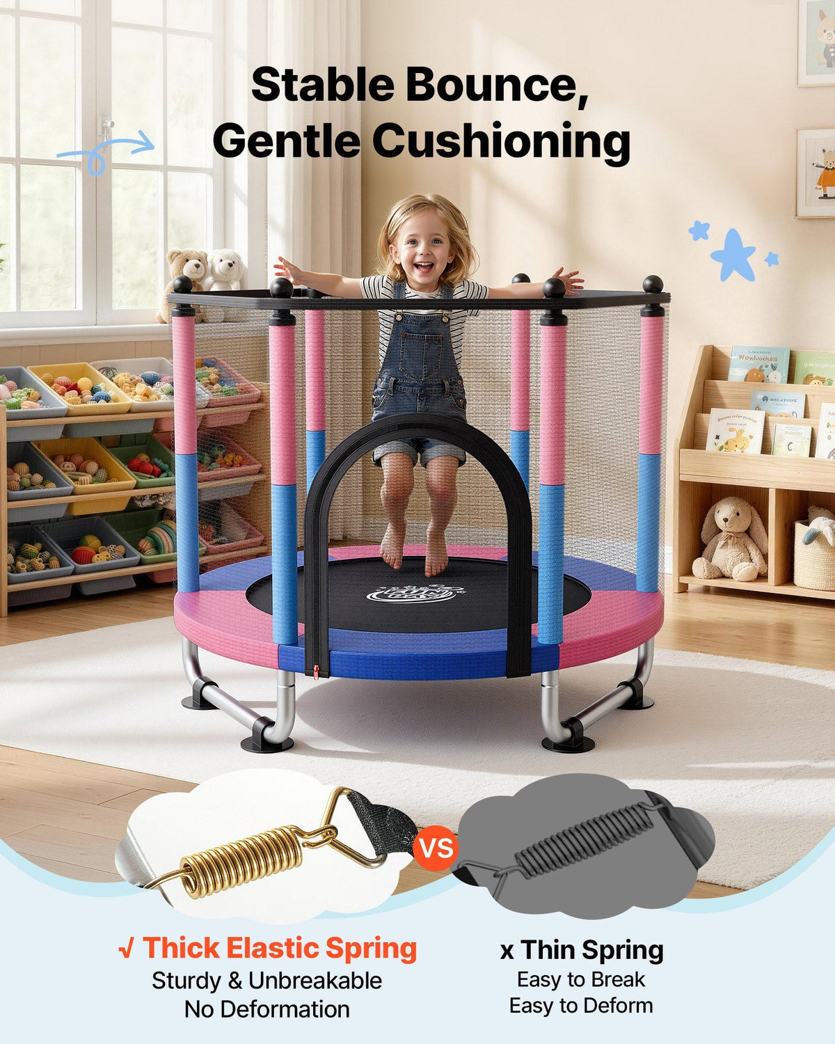 55" Trampoline for Kids, 4.6 FT Toddler Mini Trampoline, 132 lbs Capacity Indoor Outdoor Play Toys with Enclosure Net, Swing, and Basketball Hoop, Christmas Toys Birthday Gifts for Girls Boys