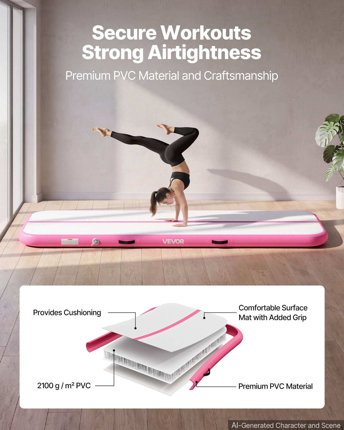 Inflatable Gymnastics Air Mat 10 ft Training Mats w/ Electric Pump, 4 inches Thick Sturdy Tumble Track, Tumbling Mat for Home Use/Gym/Outdoor/Yoga/Cheerleading/Beach/Park/Water, Pink